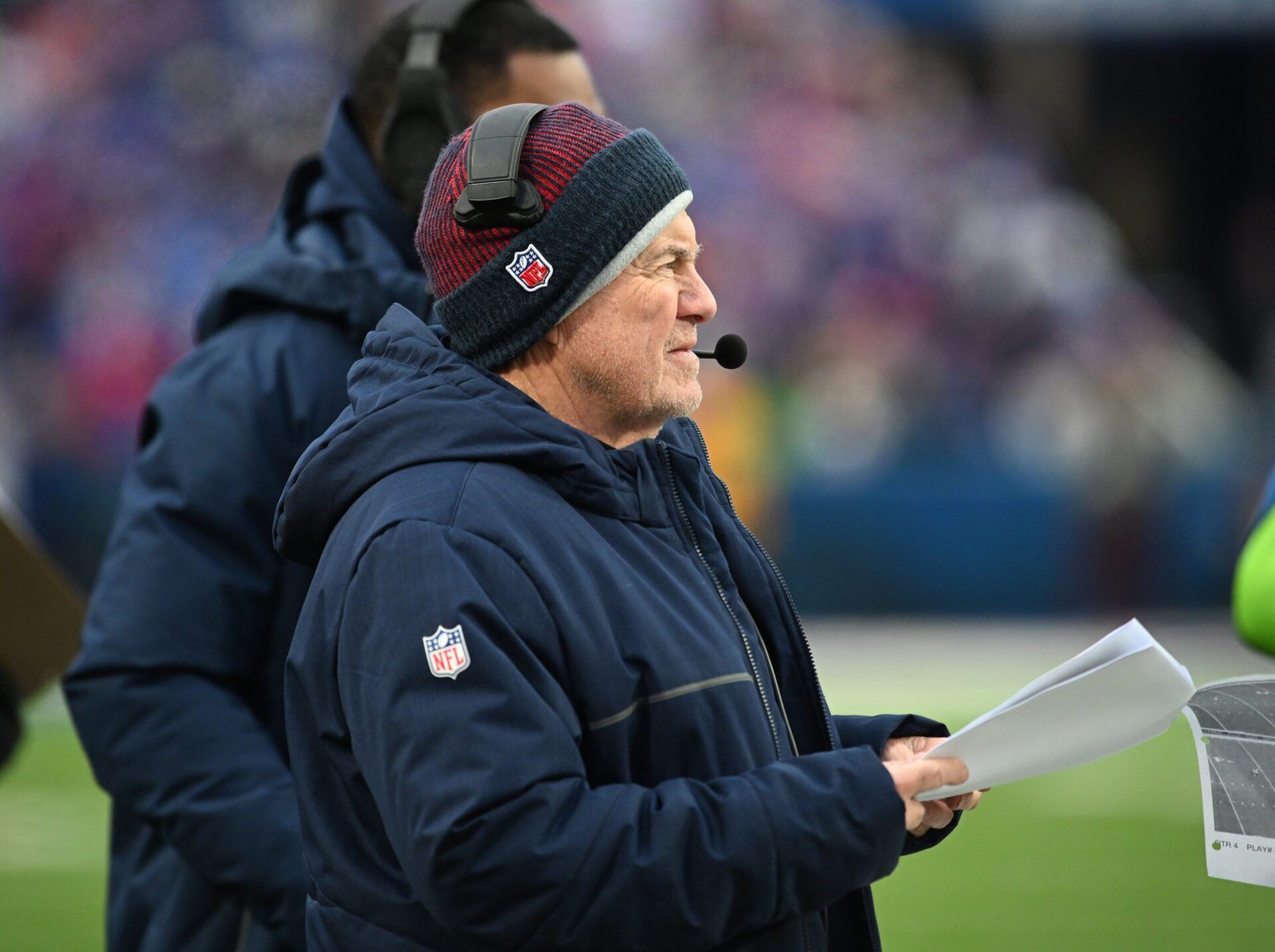 New England Patriots head coach Bill Belichick watches a play against the Buffalo Bills in the fourth quarter at Highmark Stadium.