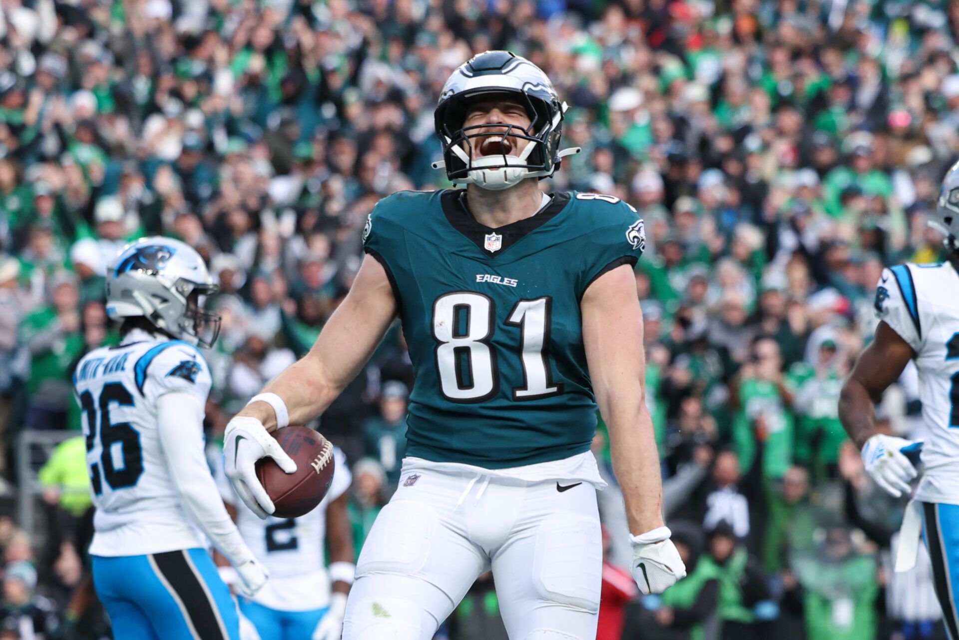 Dec 8, 2024; Philadelphia, Pennsylvania, USA; Philadelphia Eagles tight end Grant Calcaterra (81) reacts to his touchdown catch against the Carolina Panthers during the fourth quarter at Lincoln Financial Field. Mandatory Credit: Bill Streicher-Imagn Images