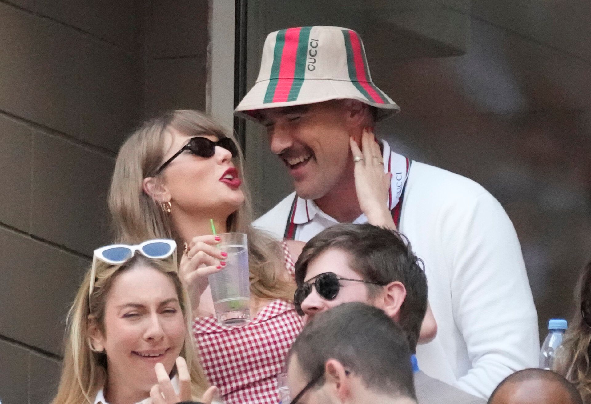 Sep 8, 2024; Flushing, NY, USA; Recording artist Taylor Swift and Kansas City Chiefs tight end Travis Kelce talk during the men’s singles final of the 2024 U.S. Open tennis tournament at USTA Billie Jean King National Tennis Center. Mandatory Credit: Robert Deutsch-Imagn Images