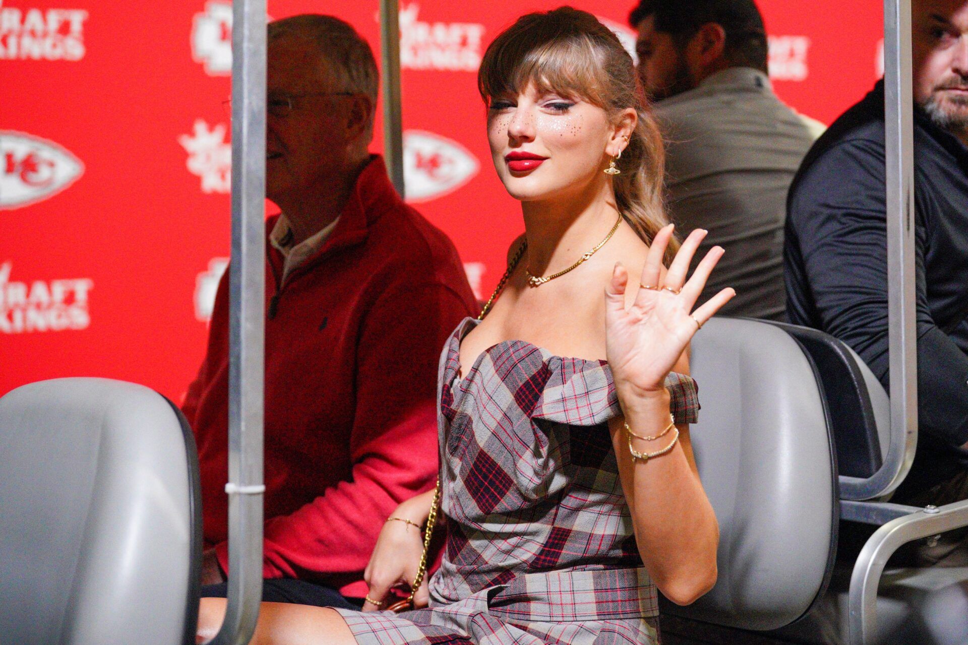 Recording artist Taylor Swift enters the stadium via a player’s tunnel prior to a game against the New Orleans Saints at GEHA Field at Arrowhead Stadium.