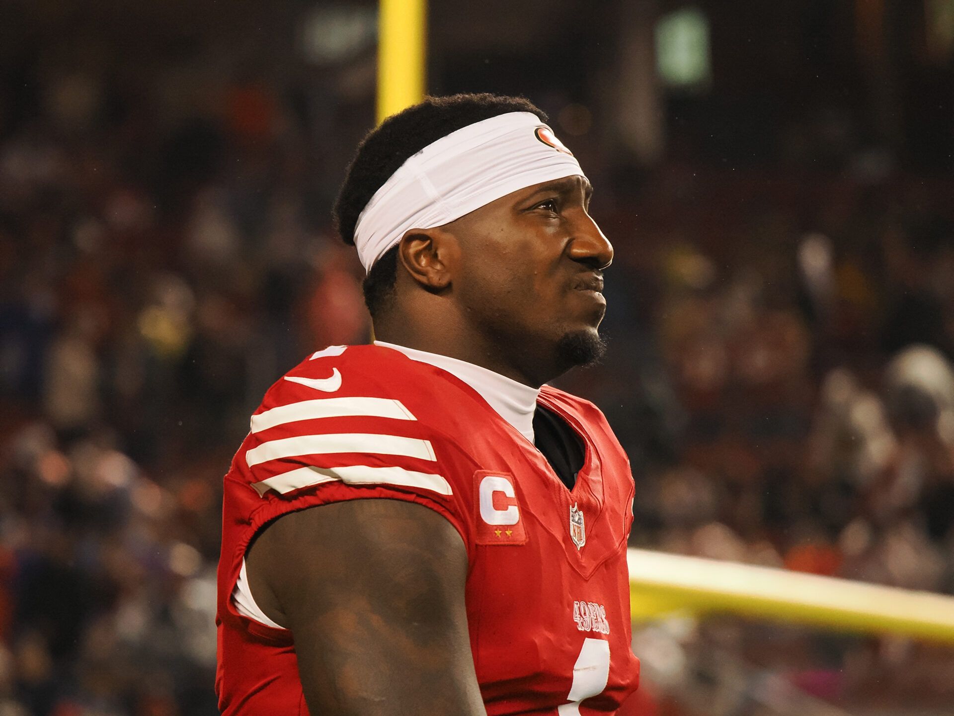 Dec 12, 2024; Santa Clara, California, USA; San Francisco 49ers wide receiver Deebo Samuel Sr (1) before the game against the Los Angeles Rams at Levi's Stadium. Mandatory Credit: Kelley L Cox-Imagn Images