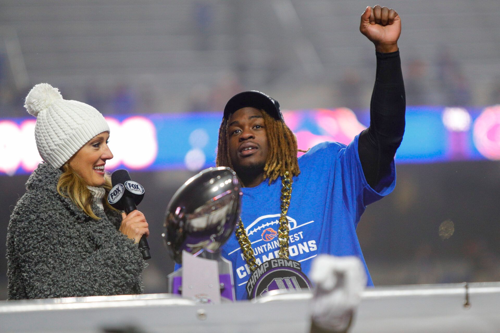 Dec 6, 2024; Boise, ID, USA; Boise State Broncos running back Ashton Jeanty (2) is interviewed by Fox Sports reporter Allison Williams after the game against the UNLV Rebels at Albertsons Stadium. Boise State beats UNLV 21-7. Mandatory Credit: Brian Losness-Imagn Images