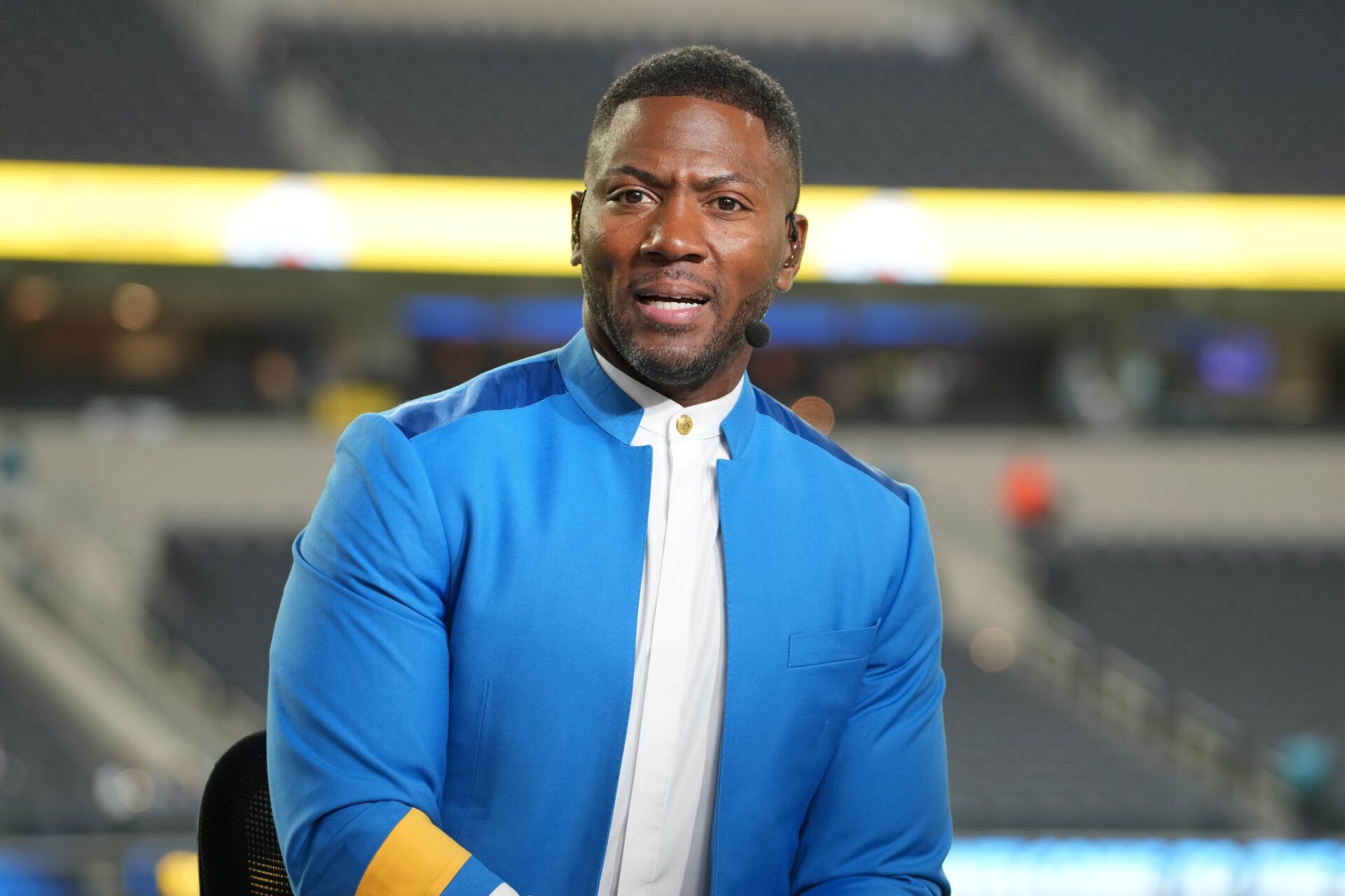 Nov 25, 2024; Inglewood, California, USA; Ryan Clark on the ESPN Monday Night Football Countdown set before the game between the Baltimore Ravens and the Los Angeles Chargers at SoFi Stadium. Mandatory Credit: Kirby Lee-Imagn Images