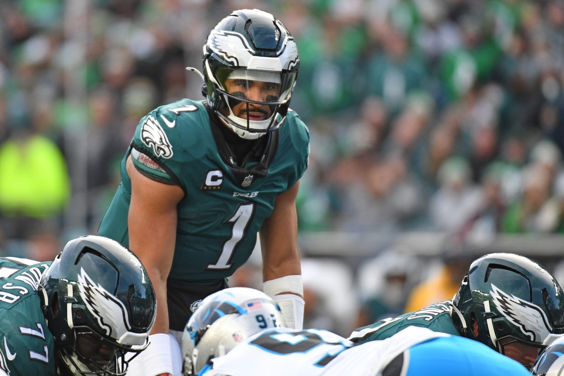 Dec 8, 2024; Philadelphia, Pennsylvania, USA; Philadelphia Eagles quarterback Jalen Hurts (1) against the Carolina Panthers at Lincoln Financial Field. Mandatory Credit: Eric Hartline-Imagn Images