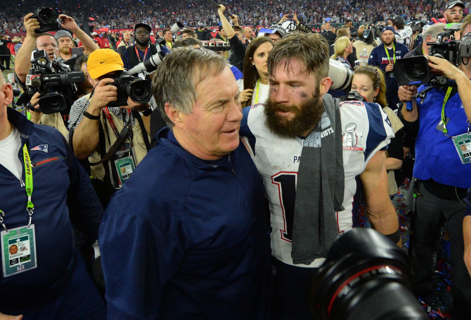 Feb 5, 2017; Houston, TX, USA; New England Patriots head coach Bill Belichick celebrates with wide receiver Julian Edelman (11) after defeating the Atlanta Falcons 34-28 in overtime during Super Bowl LI at NRG Stadium. Mandatory Credit: Robert Deutsch-USA TODAY Sports