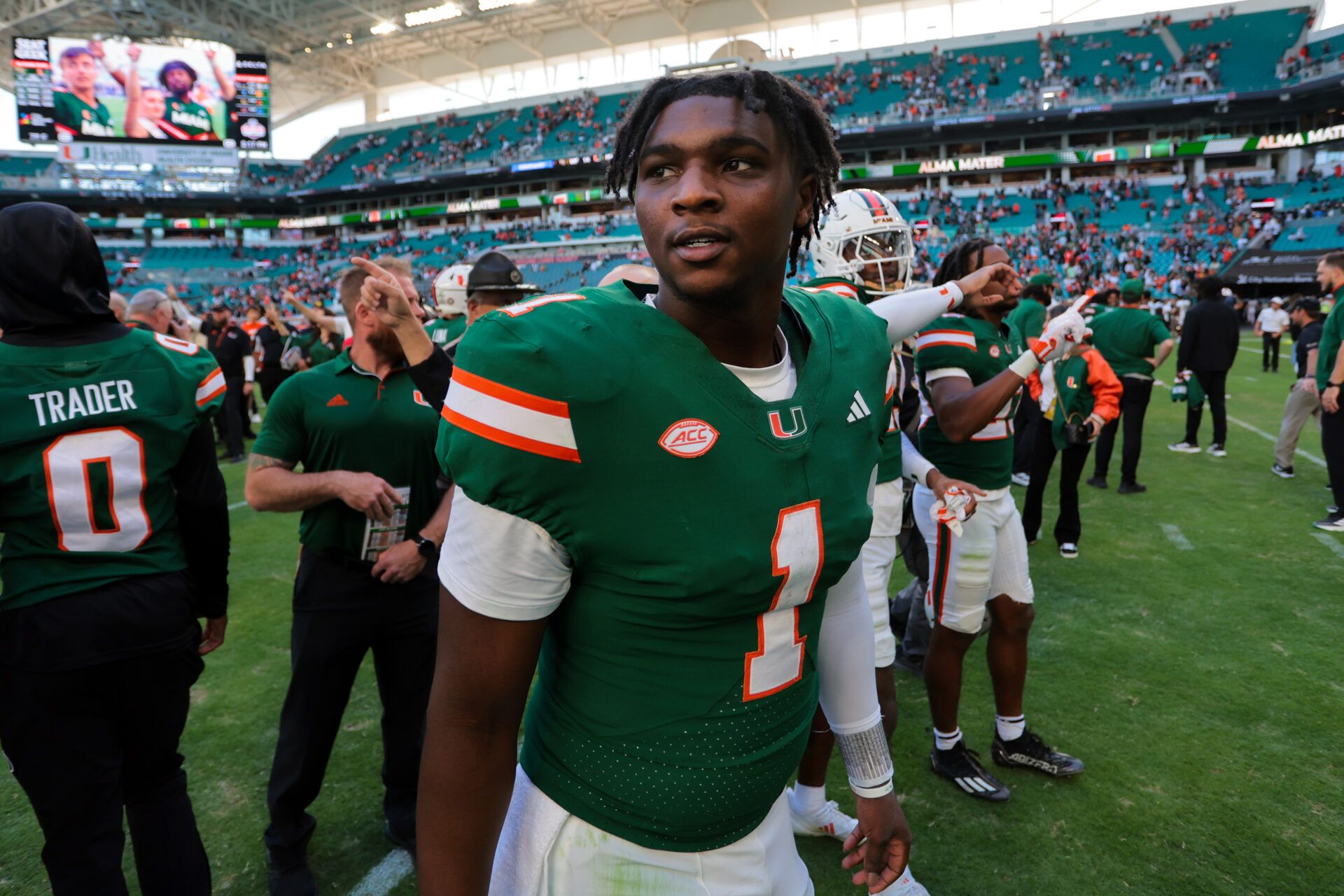 Nov 23, 2024; Miami Gardens, Florida, USA; Miami Hurricanes quarterback Cam Ward (1) looks on from the field after the game against the Wake Forest Demon Deacons at Hard Rock Stadium. Mandatory Credit: Sam Navarro-Imagn Images