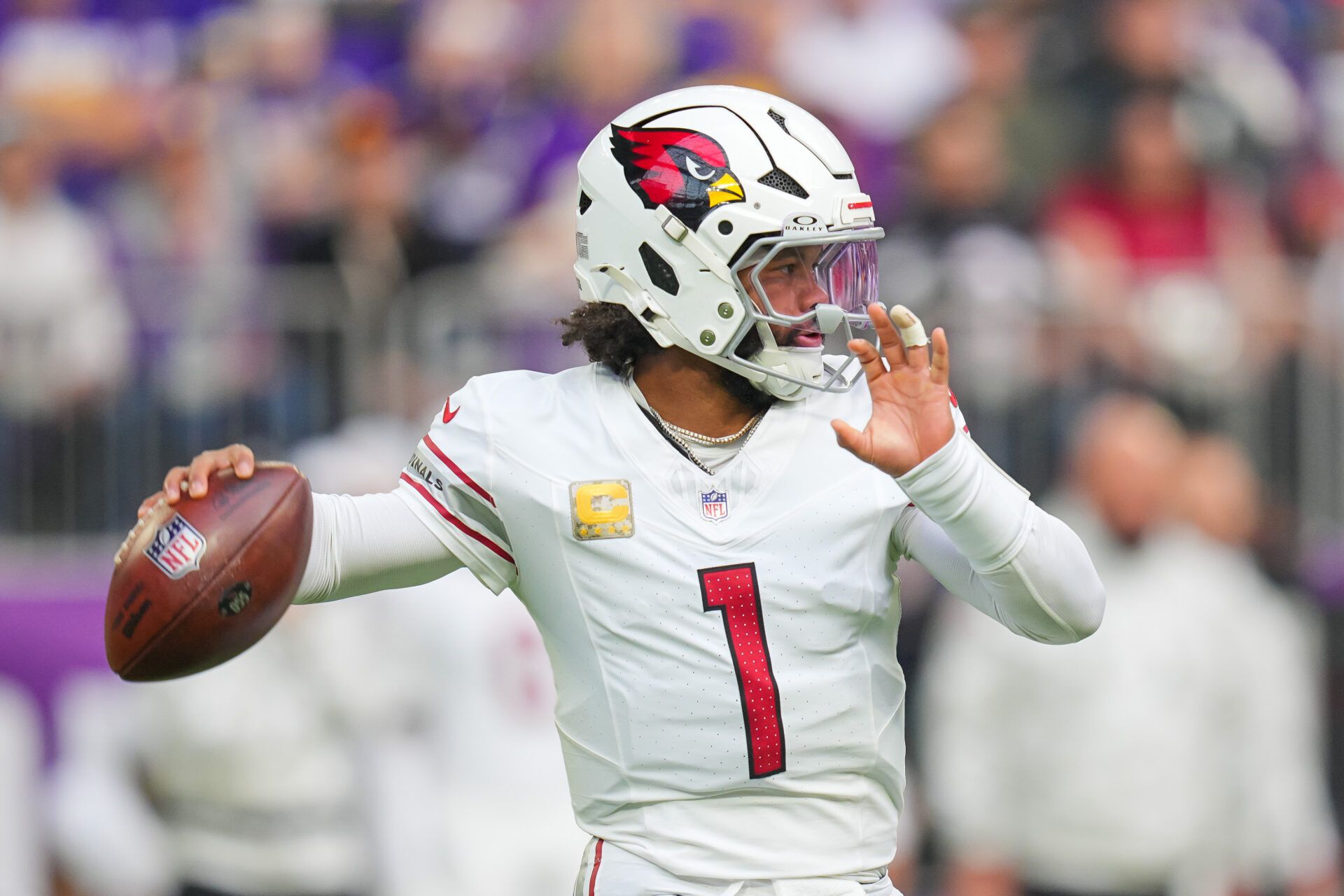 Dec 1, 2024; Minneapolis, Minnesota, USA; Arizona Cardinals quarterback Kyler Murray (1) passes against the Minnesota Vikings in the first quarter at U.S. Bank Stadium. Mandatory Credit: Brad Rempel-Imagn Images