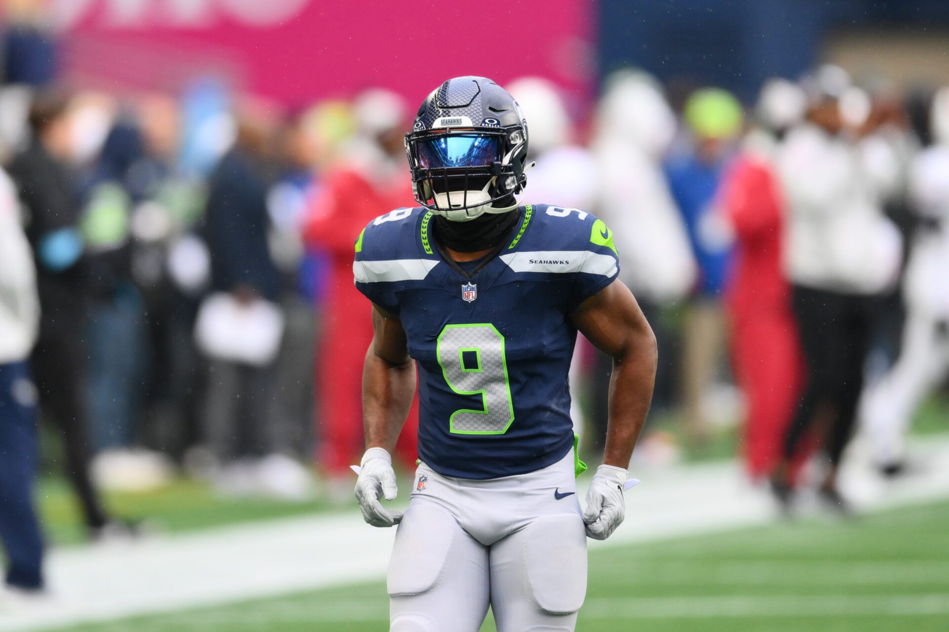 Nov 24, 2024; Seattle, Washington, USA; Seattle Seahawks running back Kenneth Walker III (9) during warmups before the game against the Arizona Cardinals at Lumen Field. Mandatory Credit: Steven Bisig-Imagn Images