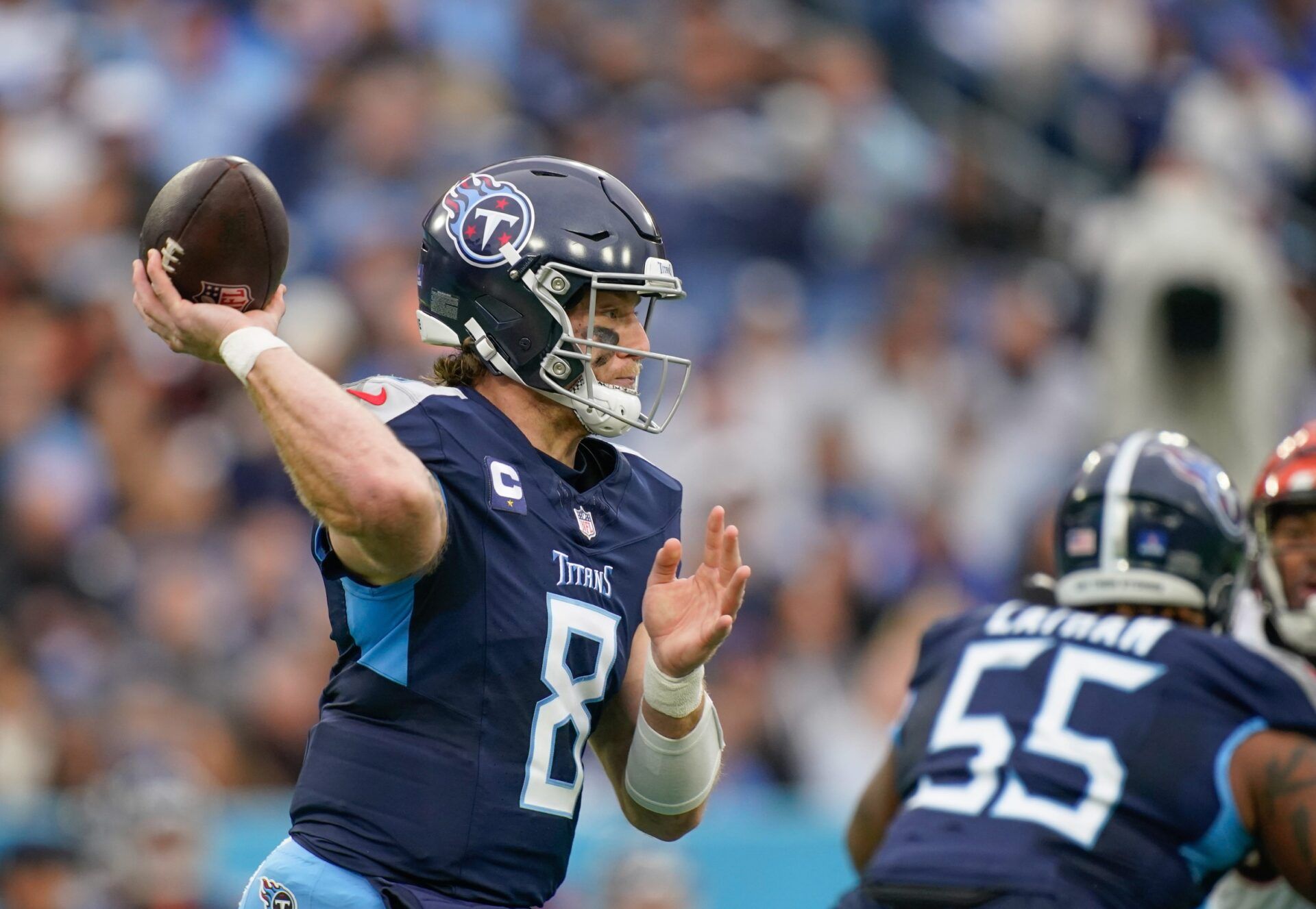 Tennessee Titans quarterback Will Levis (8) passes the ball during the first quarter at Nissan Stadium in Nashville, Tenn., Sunday, Dec. 15, 2024.