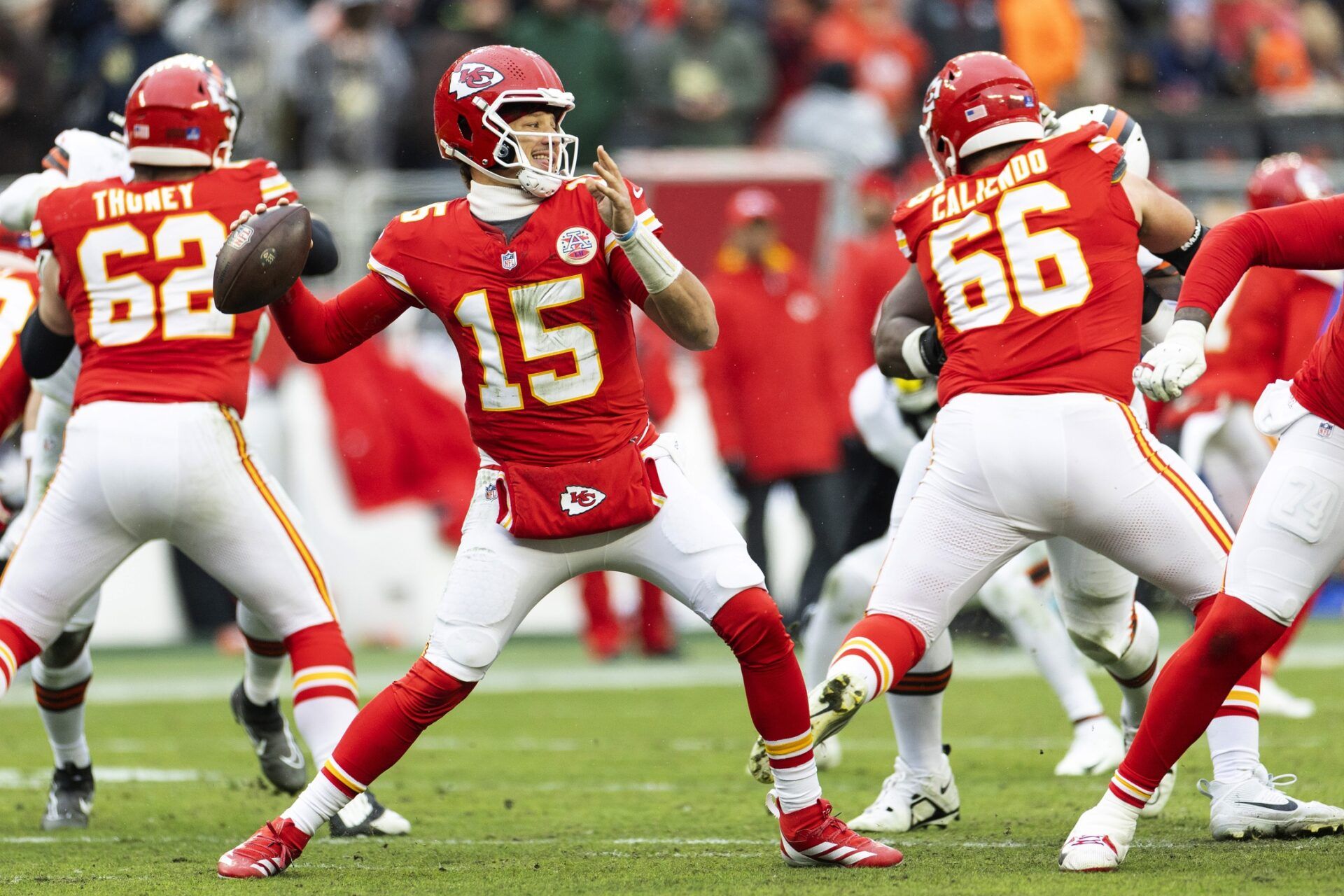 Dec 15, 2024; Cleveland, Ohio, USA; Kansas City Chiefs quarterback Patrick Mahomes (15) throws against the Cleveland Browns during the second quarter at Huntington Bank Field. Mandatory Credit: Scott Galvin-Imagn Images