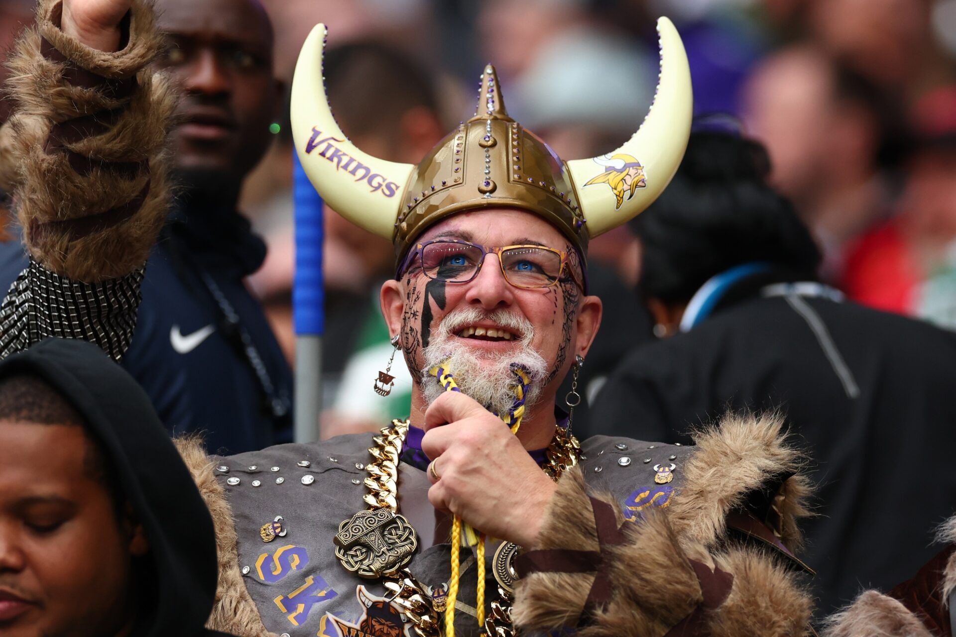 A Minnesota Vikings fan enjoys the game in the 2nd Quarter against New York Jets at Tottenham Hotspur Stadium.