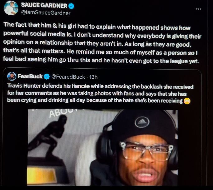 Sauce Gardner backs Hunter Travis and his girlfriend.