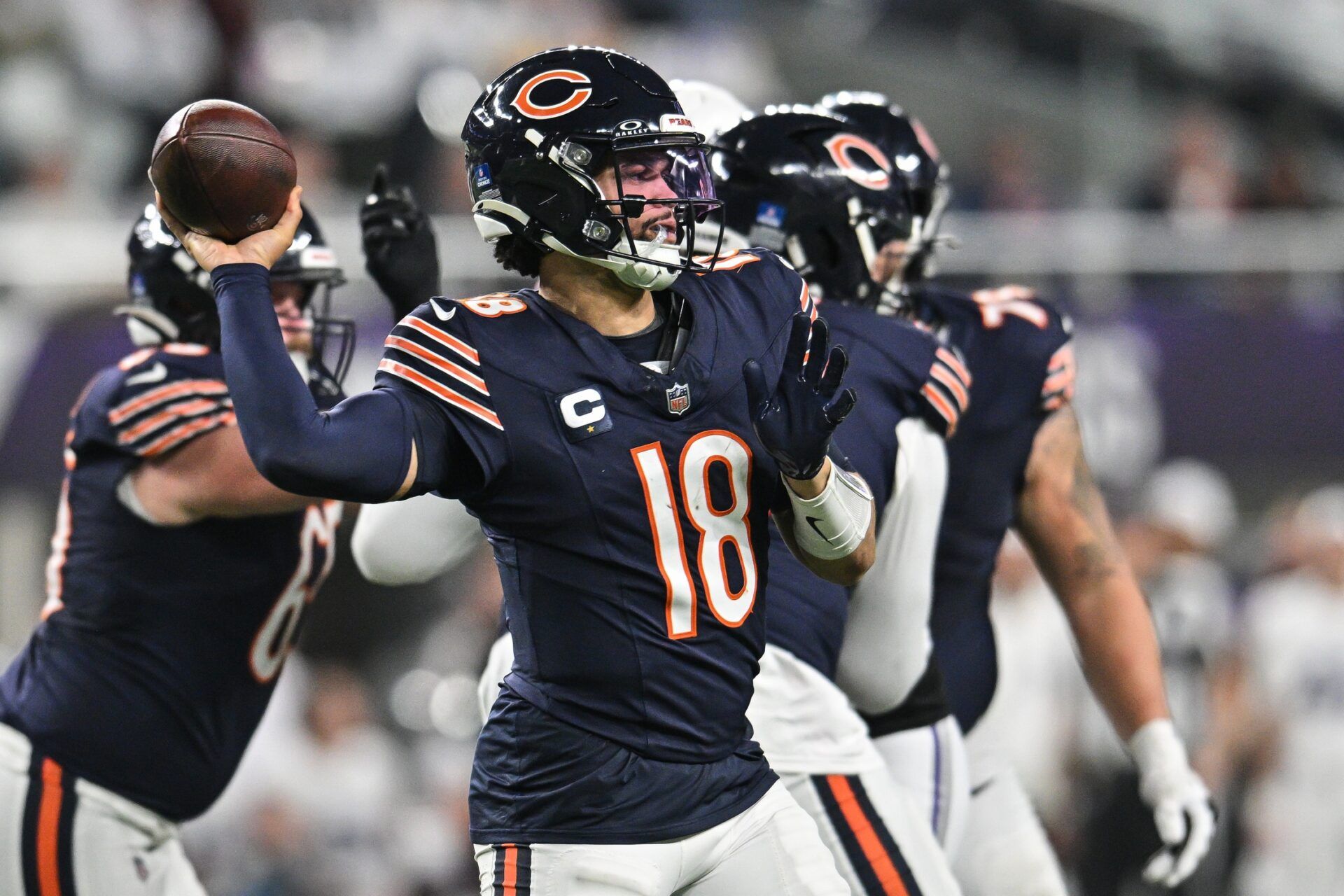 Chicago Bears quarterback Caleb Williams (18) throws a pass against the Minnesota Vikings during the fourth quarter at U.S. Bank Stadium.