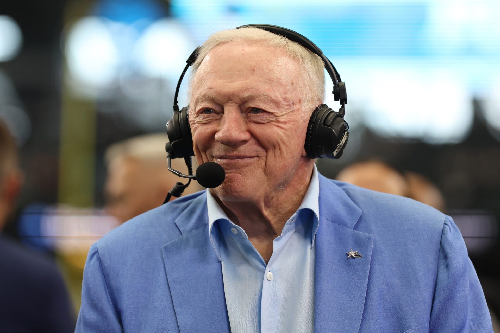 Dallas Cowboys owner Jerry Jones talks to the media before the game against the Los Angeles Chargers at AT&T Stadium.