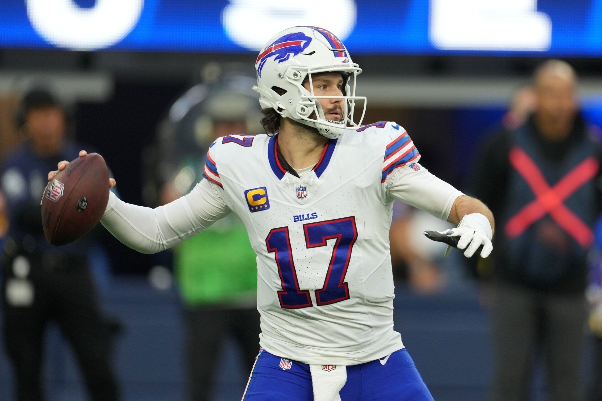 Buffalo Bills quarterback Josh Allen (17) throws the ball against the Los Angeles Rams in the second half at SoFi Stadium.