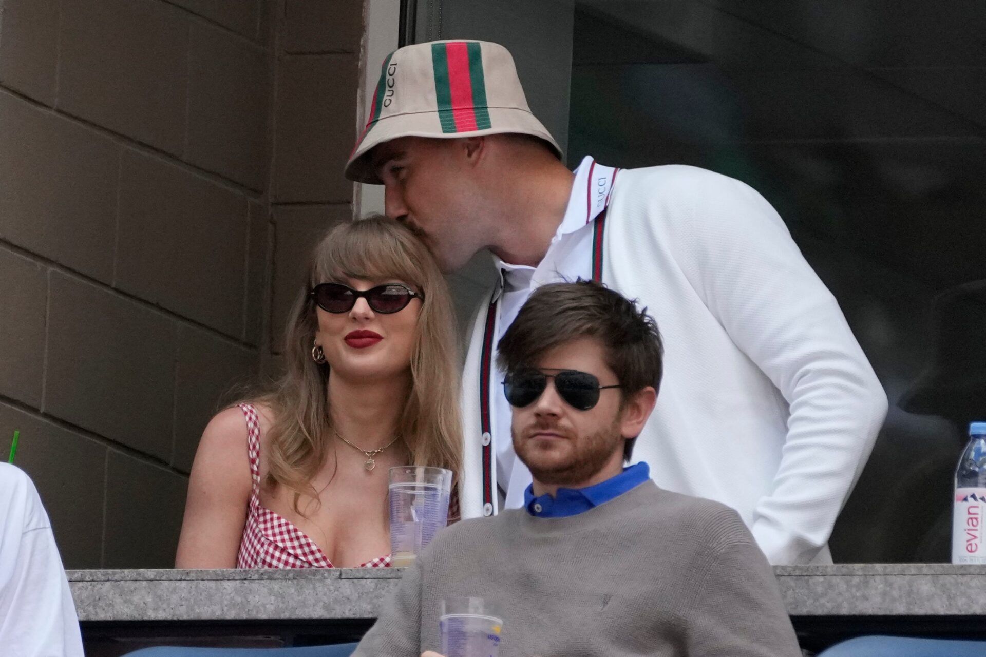 Recording artist Taylor Swift and Kansas City Chiefs tight end Travis Kelce look on during the men's singles final of the 2024 U.S. Open tennis tournament at USTA Billie Jean King National Tennis Center in Flushing, New York on Sept. 8, 2024.