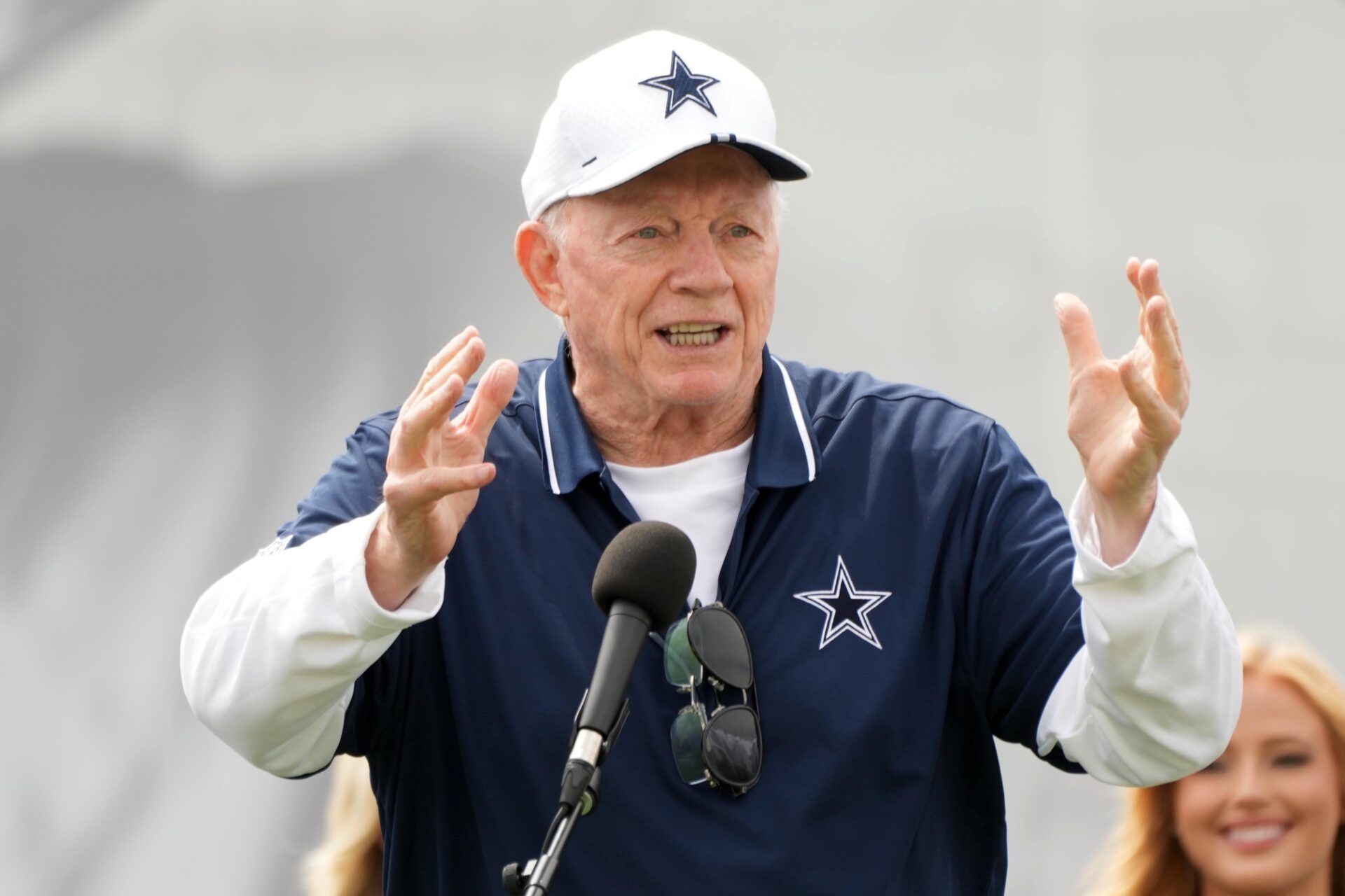 Dallas Cowboys owner Jerry Jones speaks during training camp opening ceremonies at the River Ridge Fields.