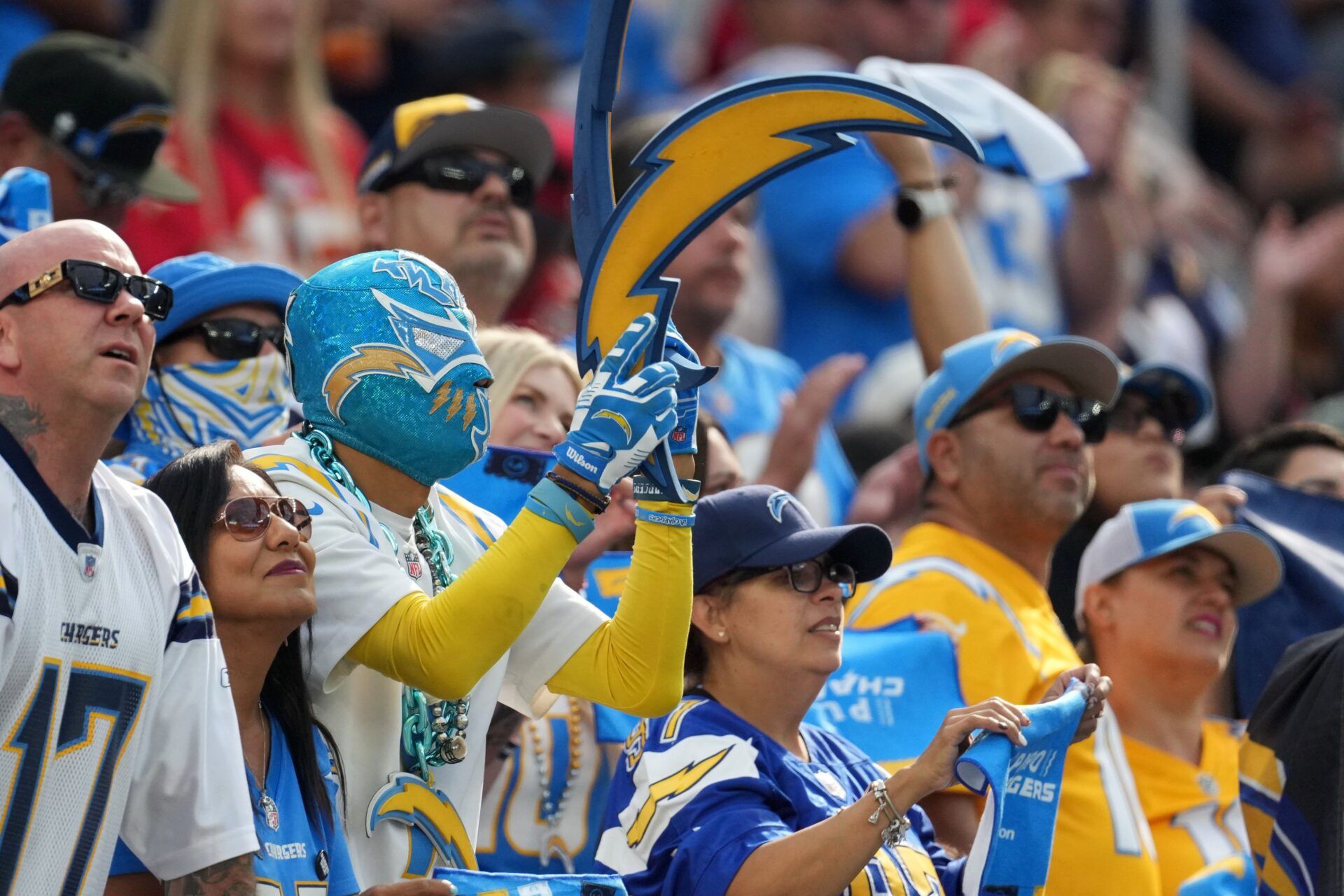 A Los Angeles Chargers fan in costume reacts during the game against the Kansas City Chiefs at SoFi Stadium.