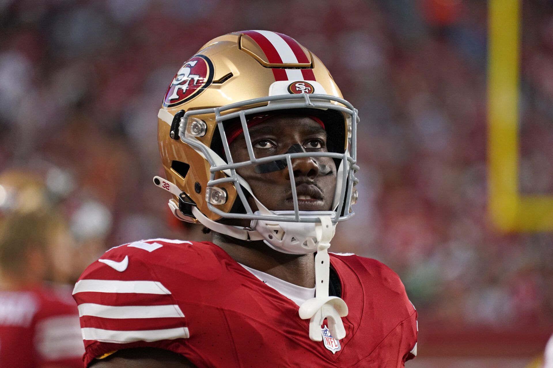 Sep 9, 2024; Santa Clara, California, USA; San Francisco 49ers running back Patrick Taylor Jr. (32) watches the action from the sideline in the third quarter against the New York Jets at Levi's Stadium. Mandatory Credit: David Gonzales-Imagn Images