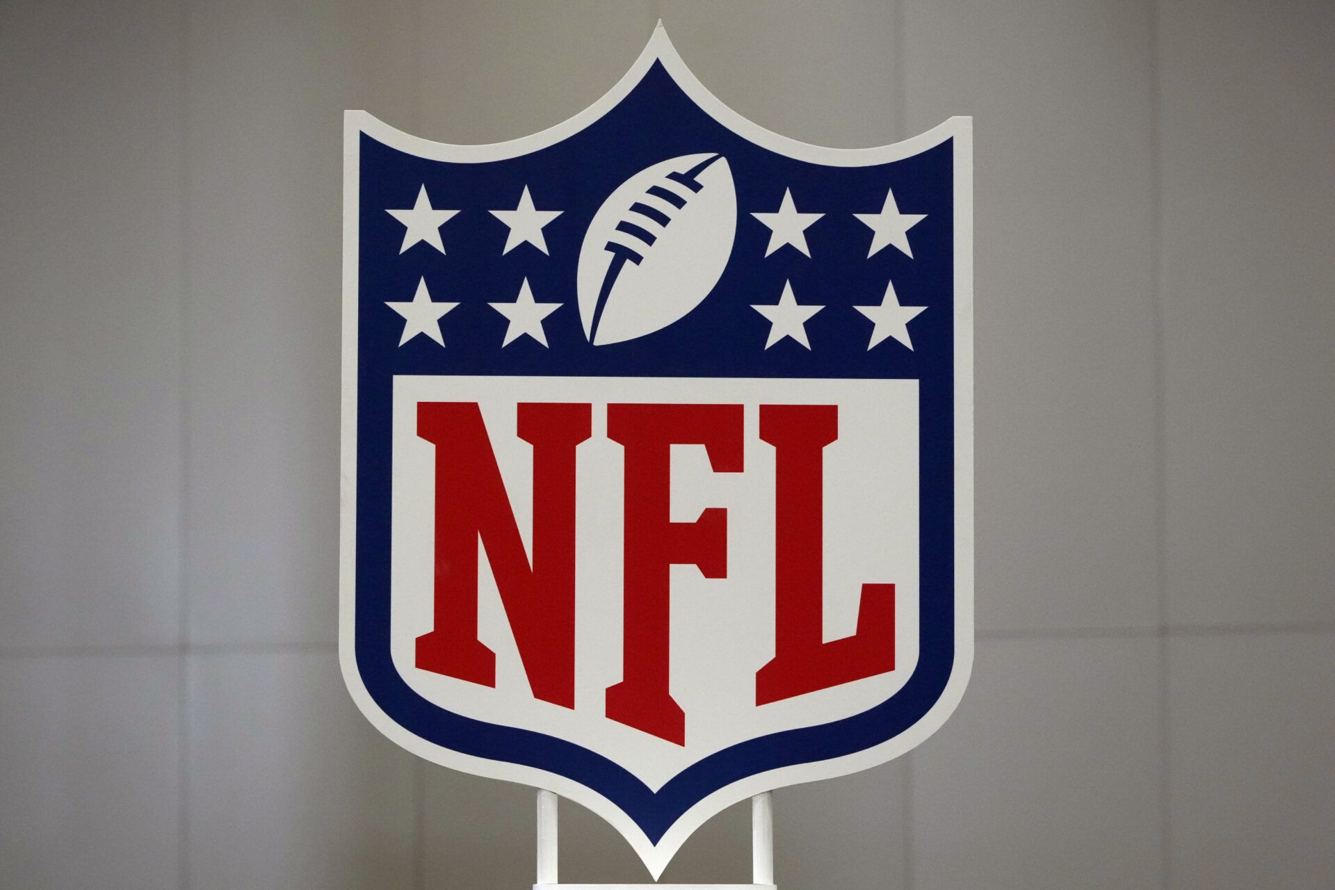 A NFL shield logo at the Super Bowl 58 media center at the Mandalay Bay resort and casino.