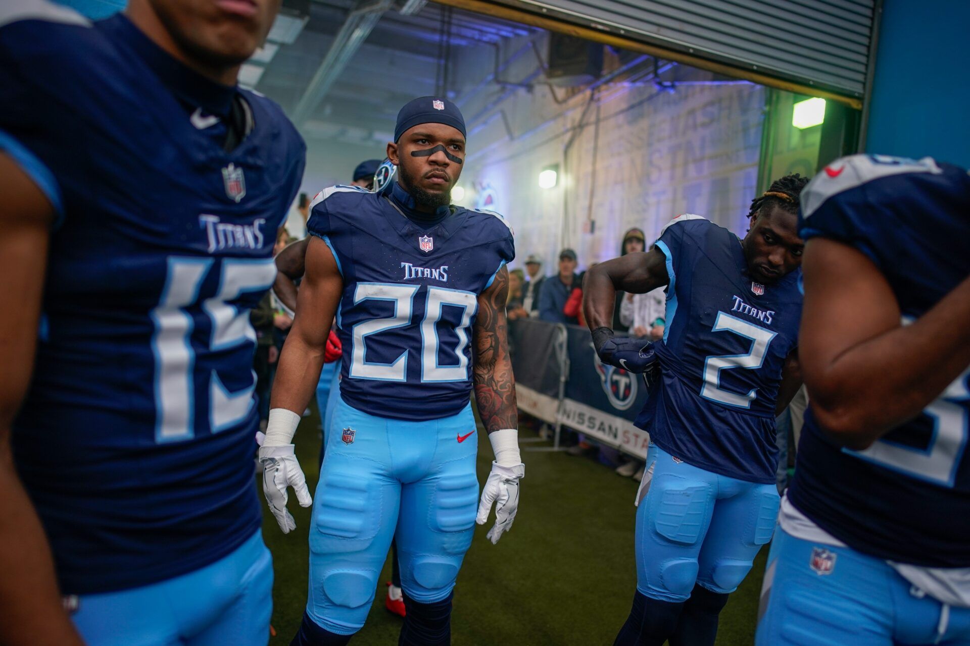 Tennessee Titans running back Tony Pollard (20) gets his game face on before the Titans play the Bengals at Nissan Stadium in Nashville, Tenn., Sunday, Dec. 15, 2024.