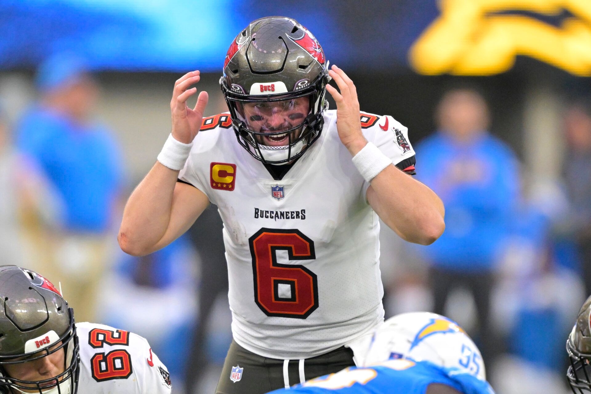 Dec 15, 2024; Inglewood, California, USA; Tampa Bay Buccaneers quarterback Baker Mayfield (6) calls a play in the second half against the Los Angeles Chargers at SoFi Stadium. Mandatory Credit: Jayne Kamin-Oncea-Imagn Images