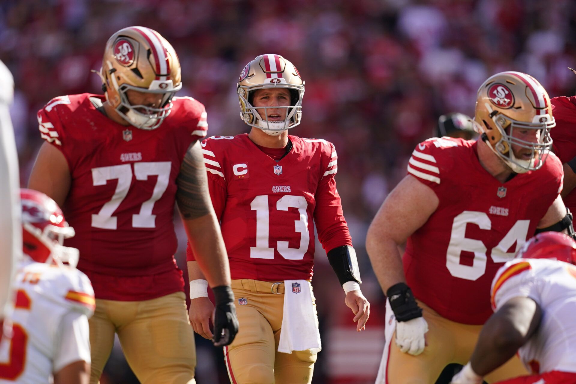 Oct 20, 2024; Santa Clara, California, USA; San Francisco 49ers quarterback Brock Purdy (13) walks towards the line of scrimmage against the Kansas City Chiefs in the third quarter at Levi's Stadium. Mandatory Credit: Cary Edmondson-Imagn Images