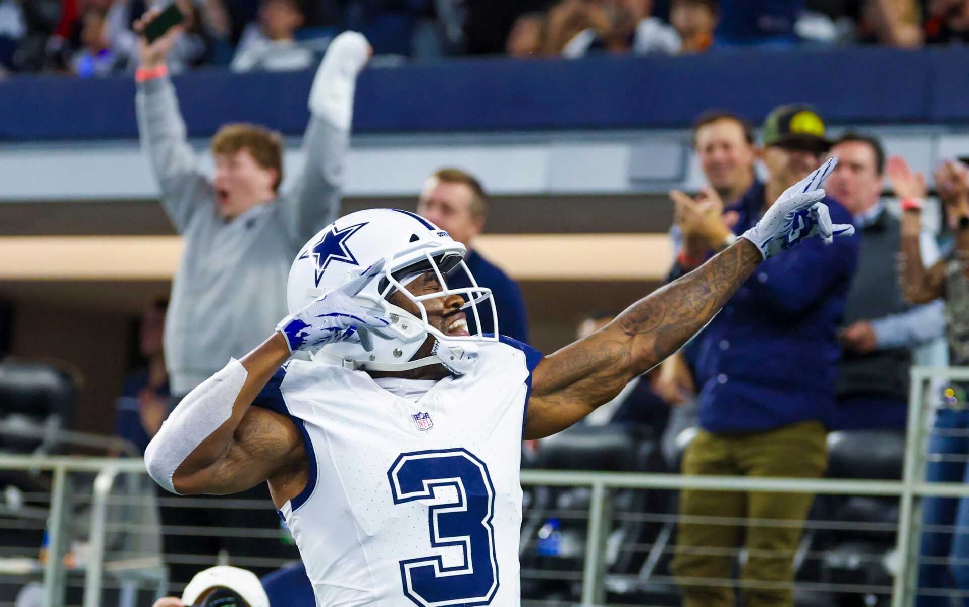 Dec 9, 2024; Arlington, Texas, USA; Dallas Cowboys wide receiver Brandin Cooks (3) reacts after scoring a touchdown during the second half against the Cincinnati Bengals at AT&T Stadium. Mandatory Credit: Kevin Jairaj-Imagn Images