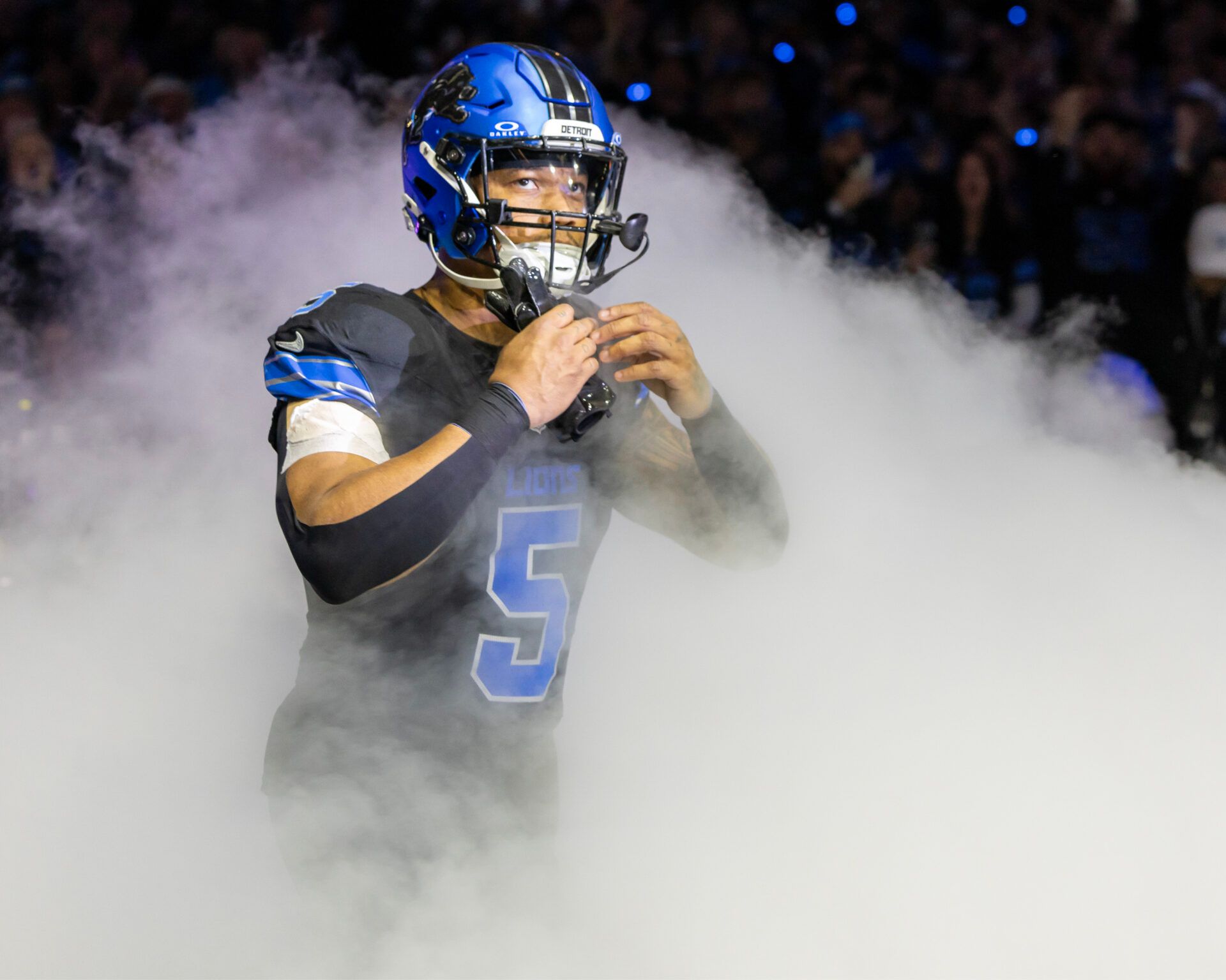 Dec 15, 2024; Detroit, Michigan, USA; Detroit Lions running back David Montgomery (5) is introduced before a game against the Buffalo Bills at Ford Field. Mandatory Credit: David Reginek-Imagn Images