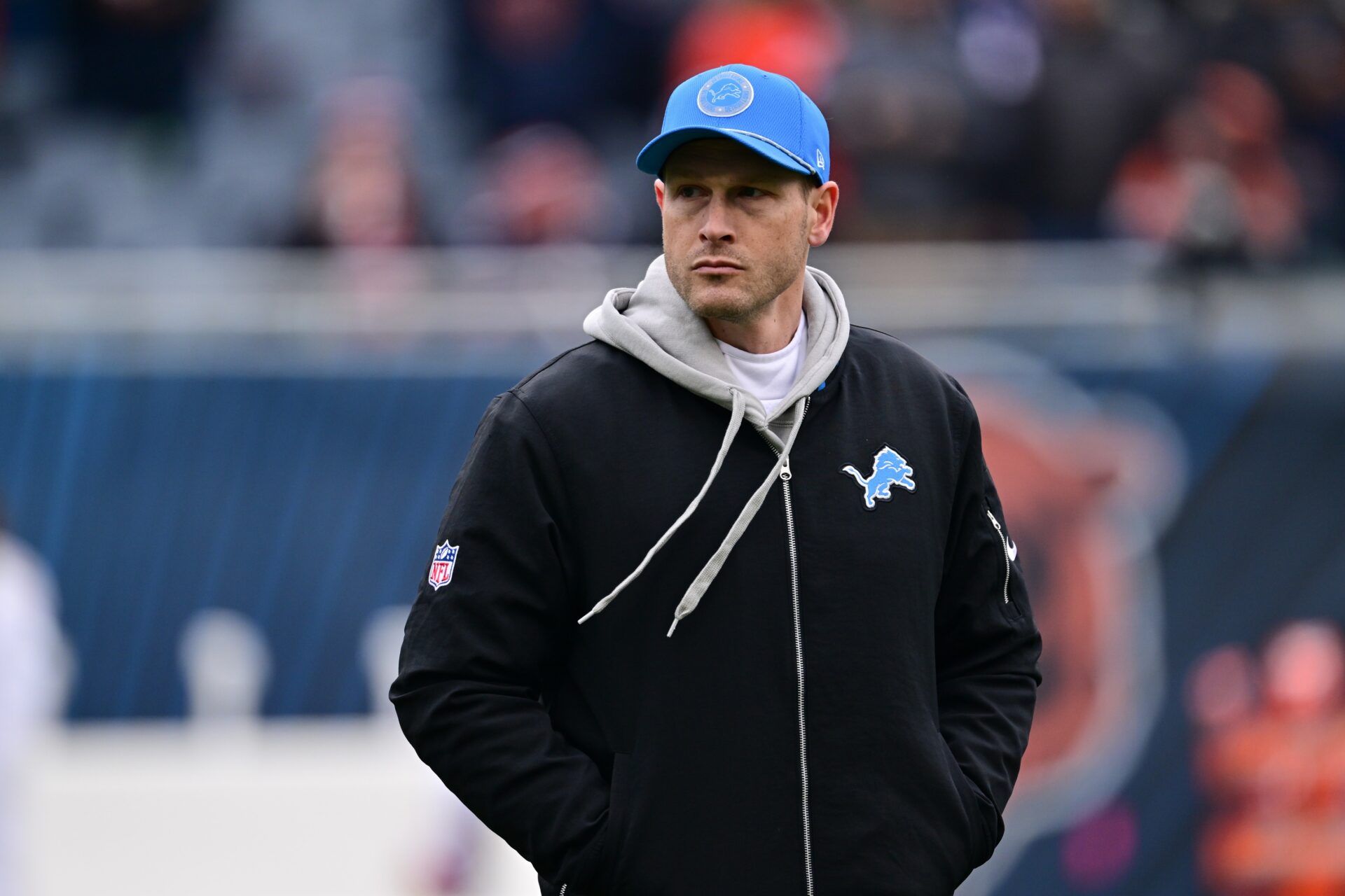 Detroit Lions offensive coordinator Ben Johnson before a game against the Chicago Bears at Soldier Field.