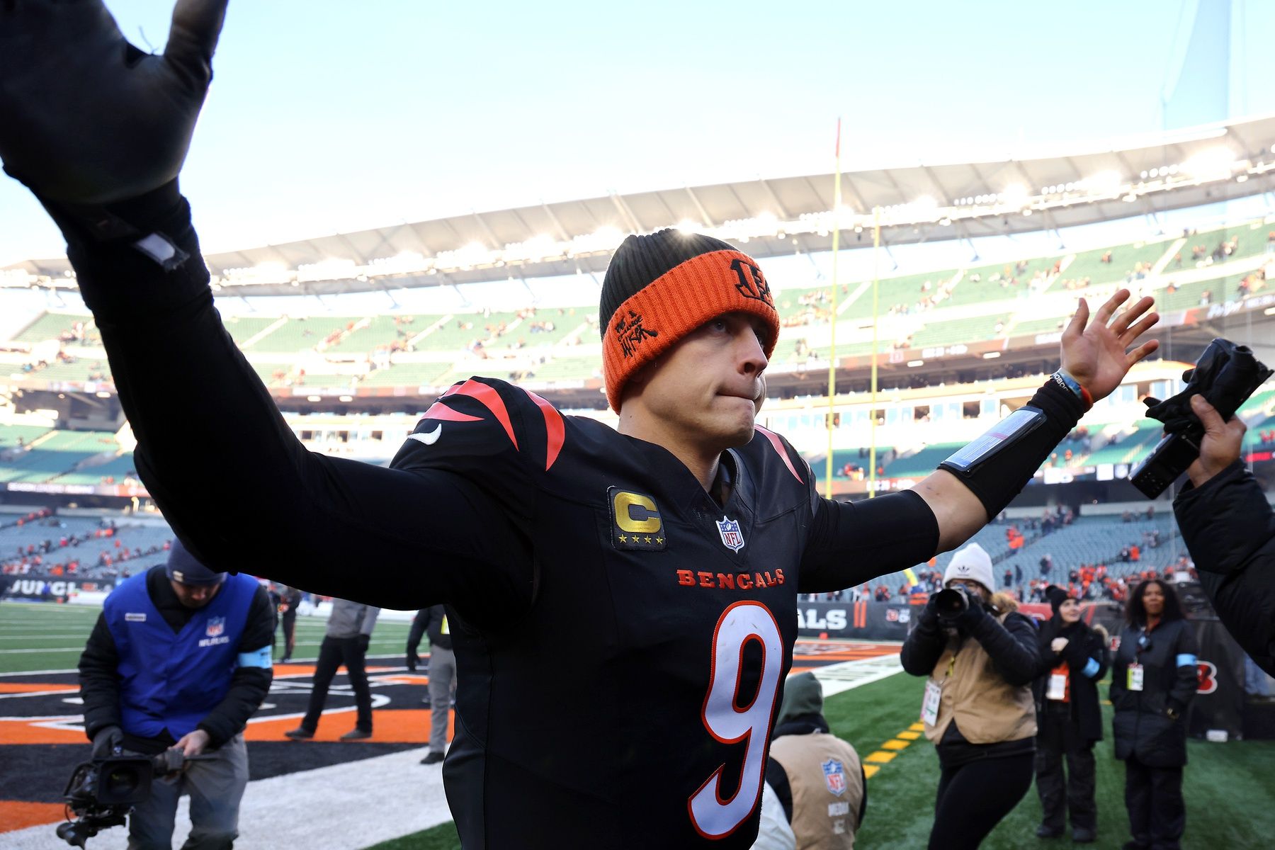 Cincinnati Bengals quarterback Joe Burrow (9) celebrates a win against the Cleveland Browns at Paycor Stadium.