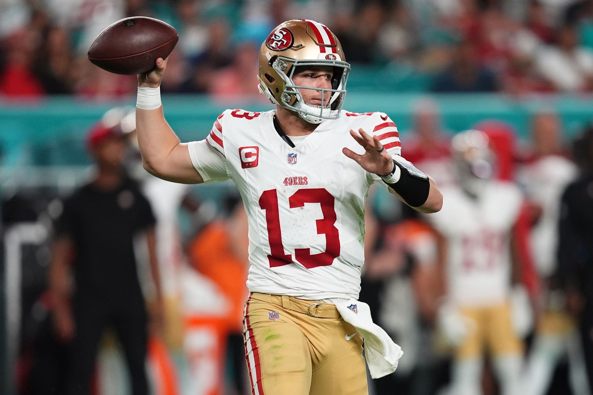 San Francisco 49ers quarterback Brock Purdy (13) attempts a pass against the Miami Dolphins during second half at Hard Rock Stadium.