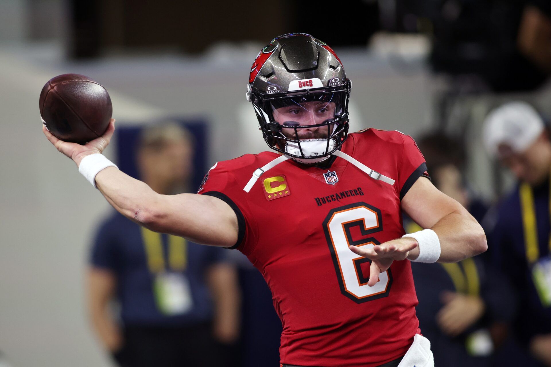 Tampa Bay Buccaneers quarterback Baker Mayfield (6) throws a pass before the game against the Dallas Cowboys at AT&T Stadium.