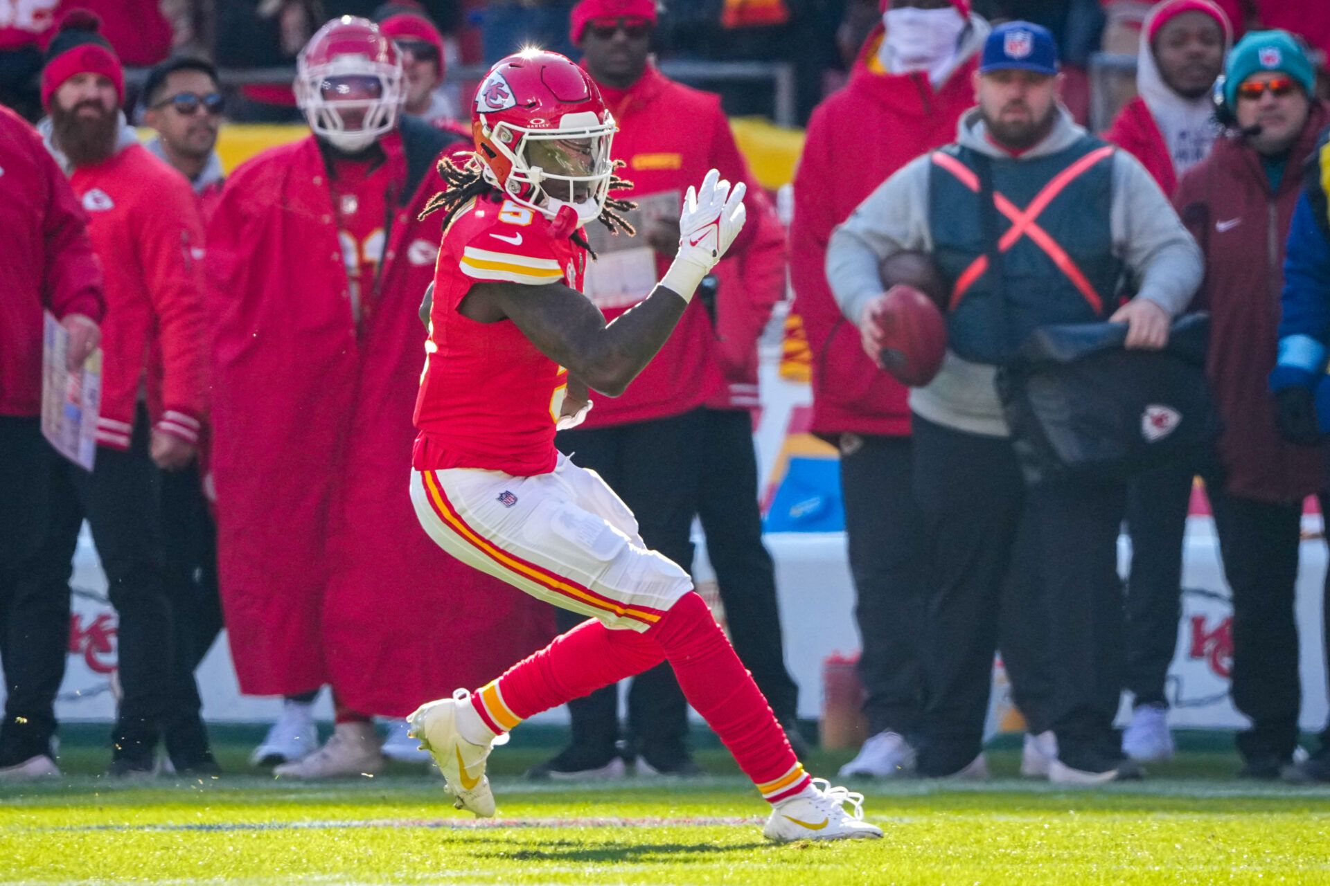 Dec 21, 2024; Kansas City, Missouri, USA; Kansas City Chiefs wide receiver Hollywood Brown (5) runs the ball against the Houston Texans during the first half at GEHA Field at Arrowhead Stadium. Mandatory Credit: Denny Medley-Imagn Images