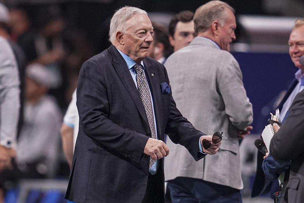 Dallas Cowboys team owner and general manager Jerry Jones shown on the field prior to the game against the Atlanta Falcons at Mercedes-Benz Stadium.