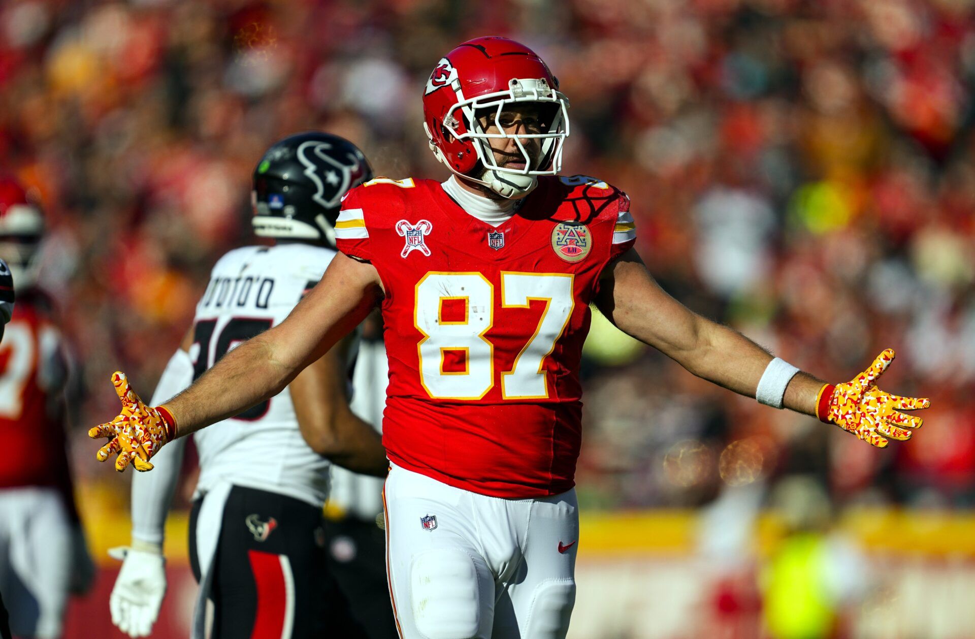 Kansas City Chiefs tight end Travis Kelce (87) reacts after a first down during the first half against the Houston Texans at GEHA Field at Arrowhead Stadium.