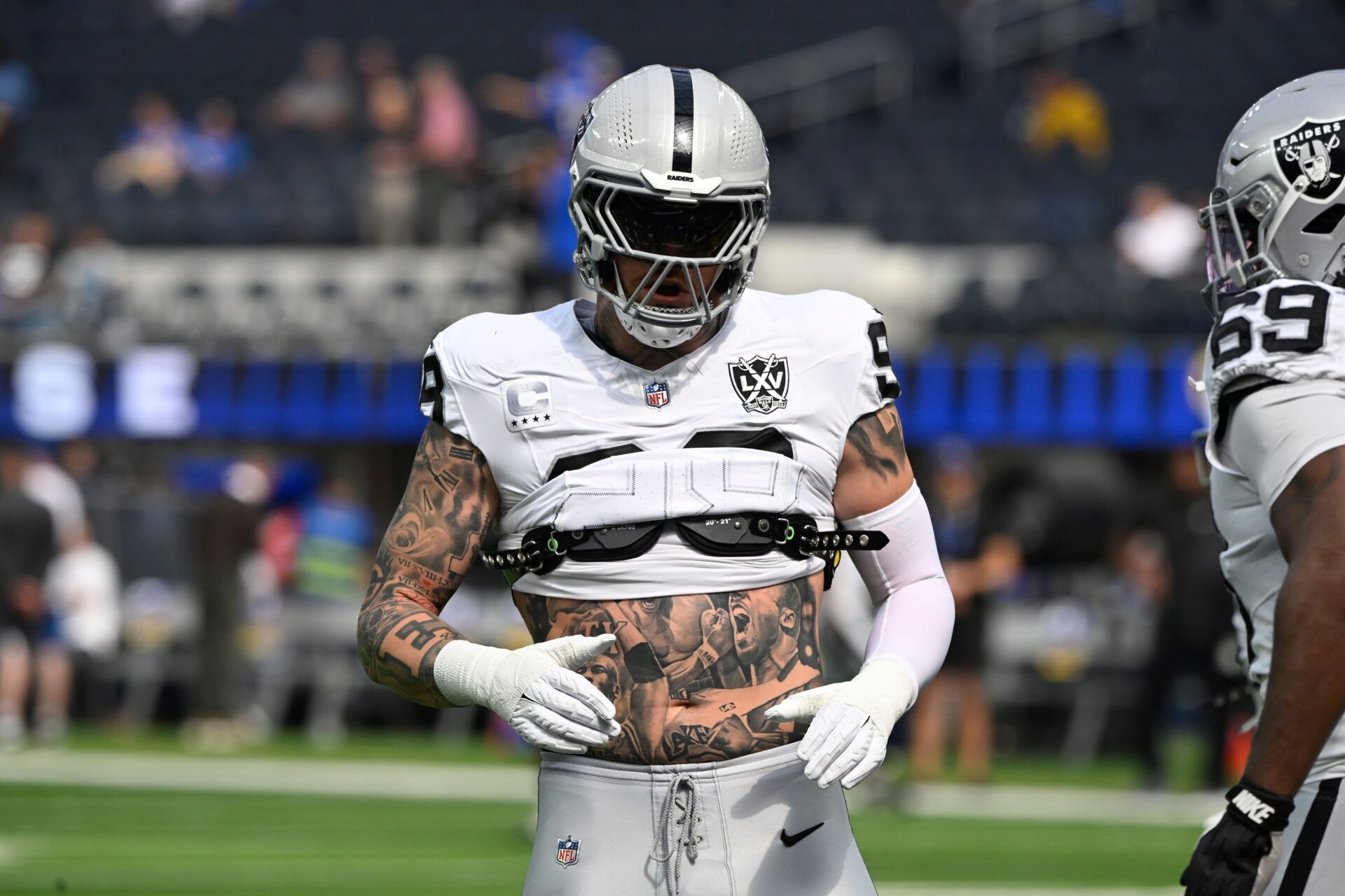 Oct 20, 2024; Inglewood, California, USA; Las Vegas Raiders defensive end Maxx Crosby (98) during pregame warmups before an NFL game against the Los Angeles Rams at SoFi Stadium. Mandatory Credit: Robert Hanashiro-Imagn Images