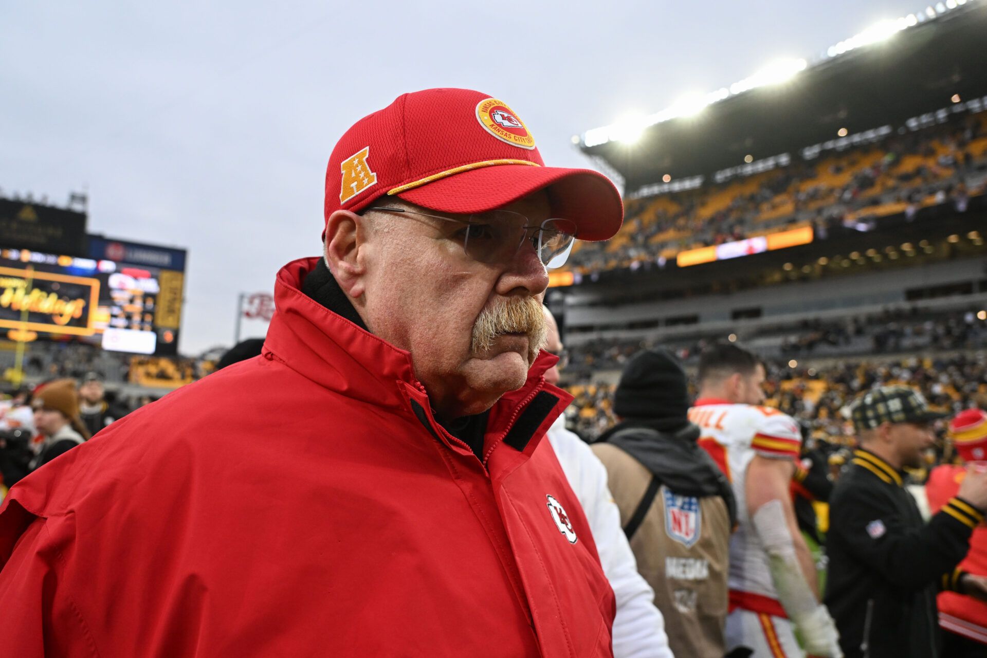 Dec 25, 2024; Pittsburgh, Pennsylvania, USA; Kansas City Chiefs head coach Andy Reid leaves the field following their game against the Pittsburgh Steelers at Acrisure Stadium. Mandatory Credit: Barry Reeger-Imagn Images