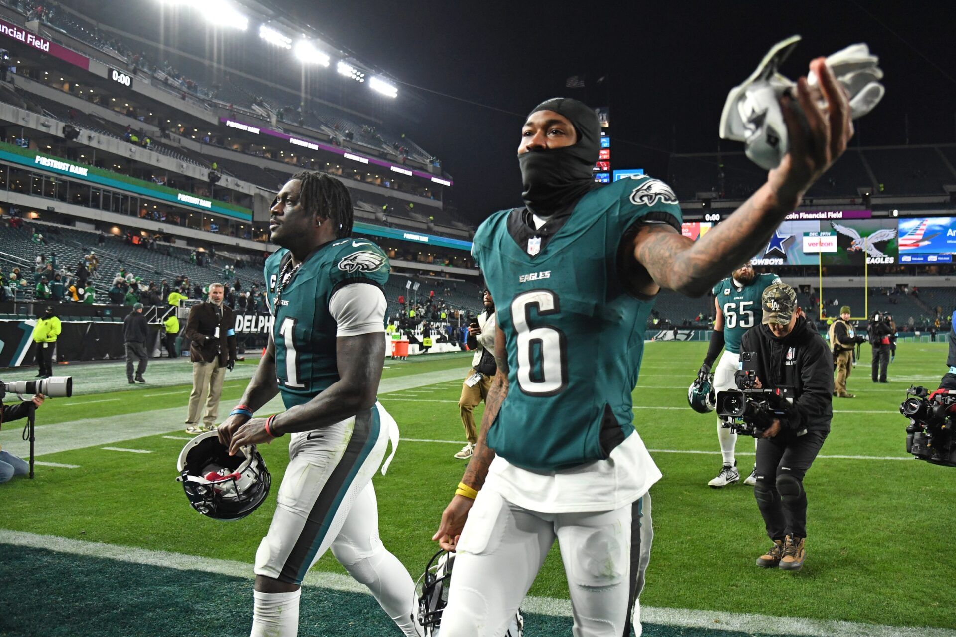 Philadelphia Eagles wide receiver A.J. Brown (11) and wide receiver DeVonta Smith (6) walk off the field after win against the Pittsburgh Steelers at Lincoln Financial Field.