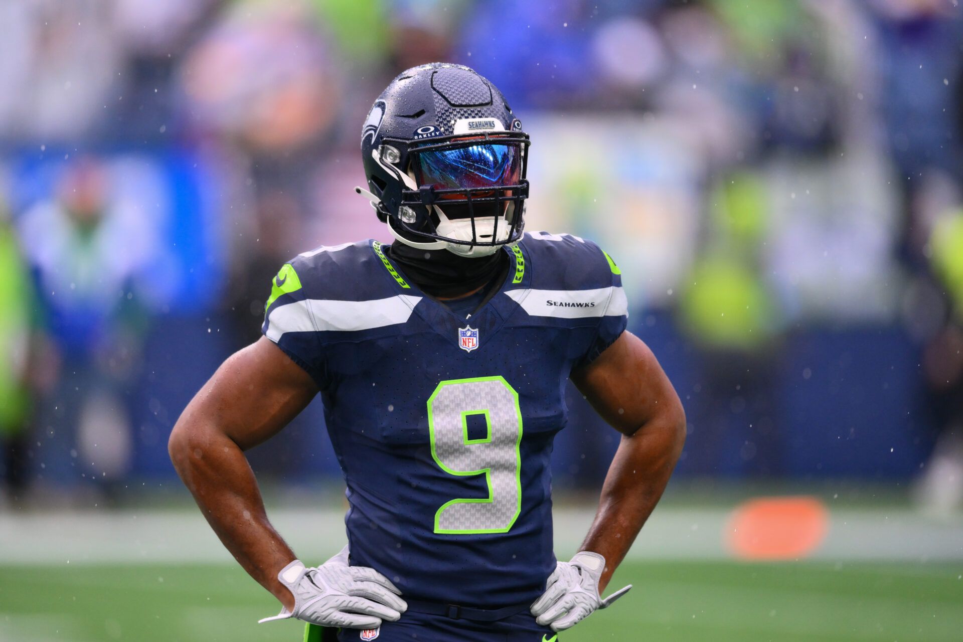 Dec 22, 2024; Seattle, Washington, USA; Seattle Seahawks running back Kenneth Walker III (9) during warmups before the game against the Minnesota Vikings at Lumen Field. Mandatory Credit: Steven Bisig-Imagn Images