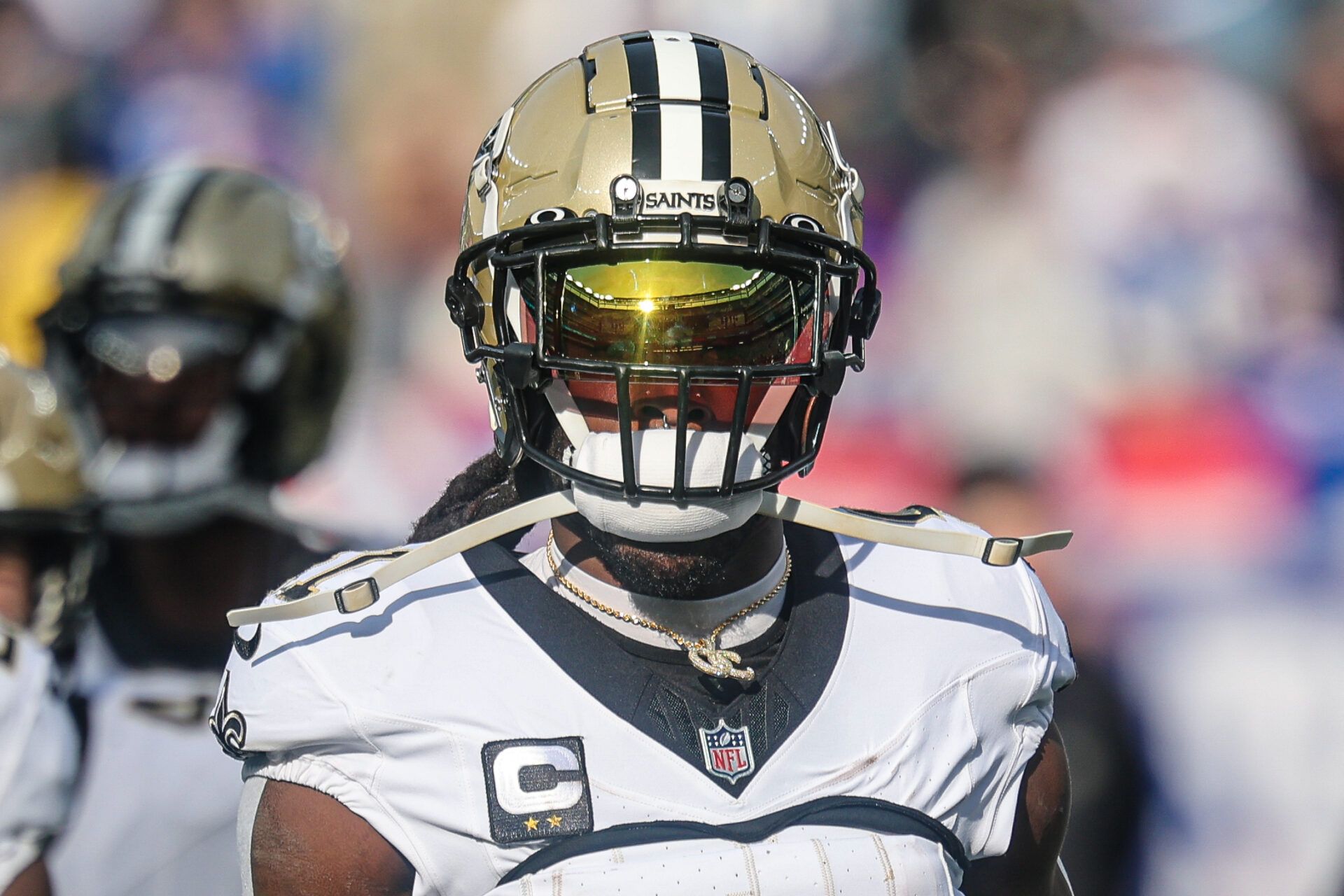 Dec 8, 2024; East Rutherford, New Jersey, USA; New Orleans Saints running back Alvin Kamara (41) looks on before the game against the New York Giants at MetLife Stadium. Mandatory Credit: Vincent Carchietta-Imagn Images