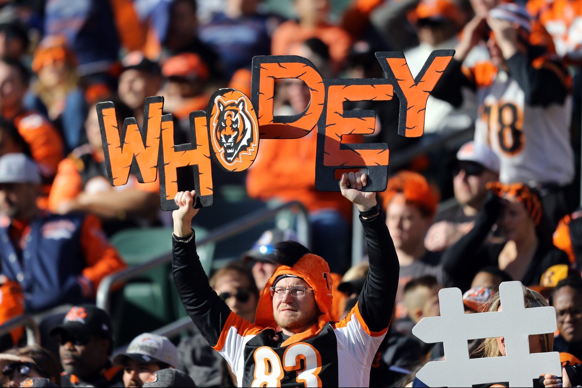 A Bengals fan shows support with a Who Dey sign in the game against the Denver Broncos at Paul Brown Stadium.