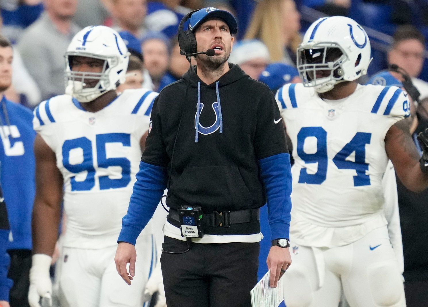 Indianapolis Colts head coach Shane Steichen reacts toa a penalty call Sunday, Dec. 22, 2024, during a game against the Tennessee Titans at Lucas Oil Stadium in Indianapolis.