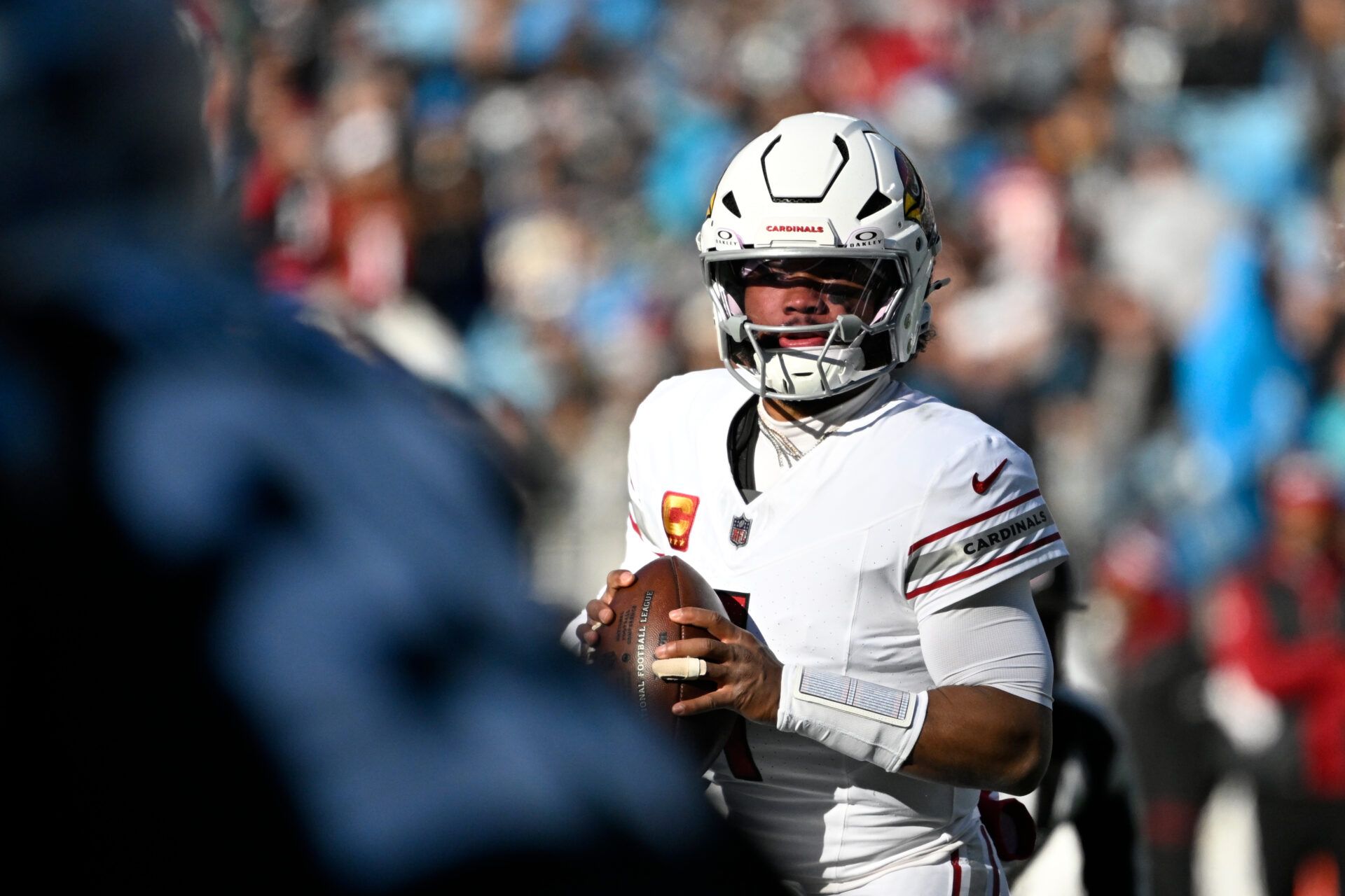 Dec 22, 2024; Charlotte, North Carolina, USA; Arizona Cardinals quarterback Kyler Murray (1) looks to pass in the second quarter at Bank of America Stadium. Mandatory Credit: Bob Donnan-Imagn Images