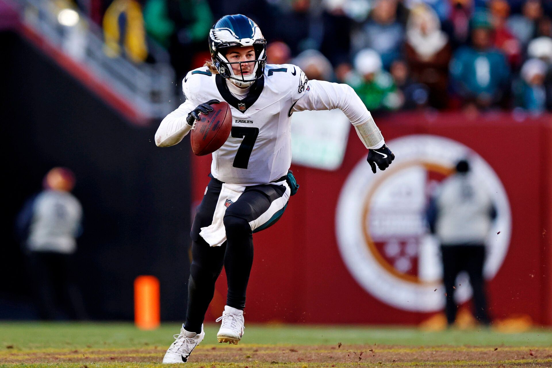 Dec 22, 2024; Landover, Maryland, USA; Philadelphia Eagles quarterback Kenny Pickett (7) runs the ball during the fourth quarter against the Washington Commanders at Northwest Stadium. Mandatory Credit: Peter Casey-Imagn Images