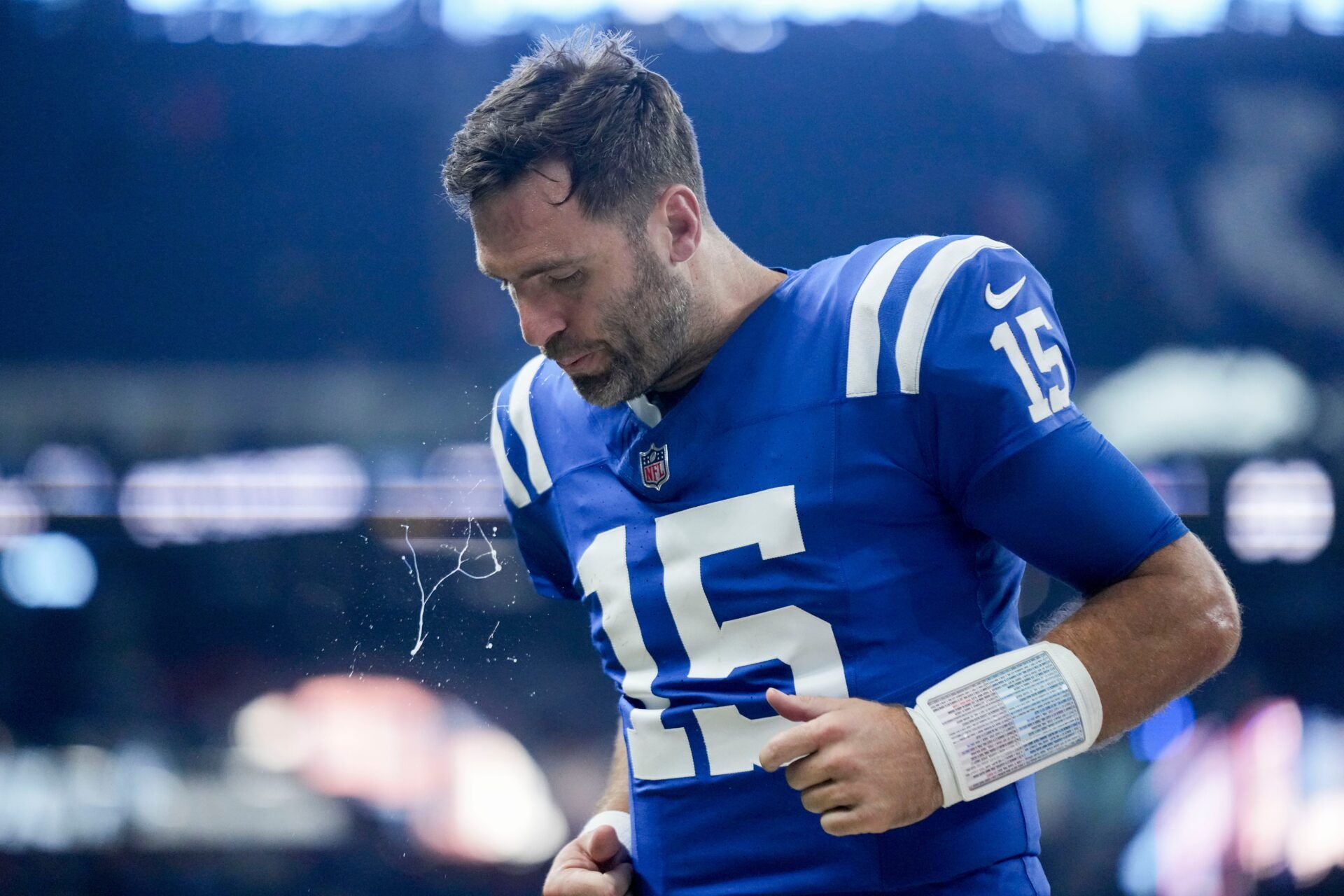 Indianapolis Colts quarterback Joe Flacco (15) heads off the field Sunday, Nov. 10, 2024, after losing 30-20 to the Buffalo Bills at Lucas Oil Stadium in Indianapolis.