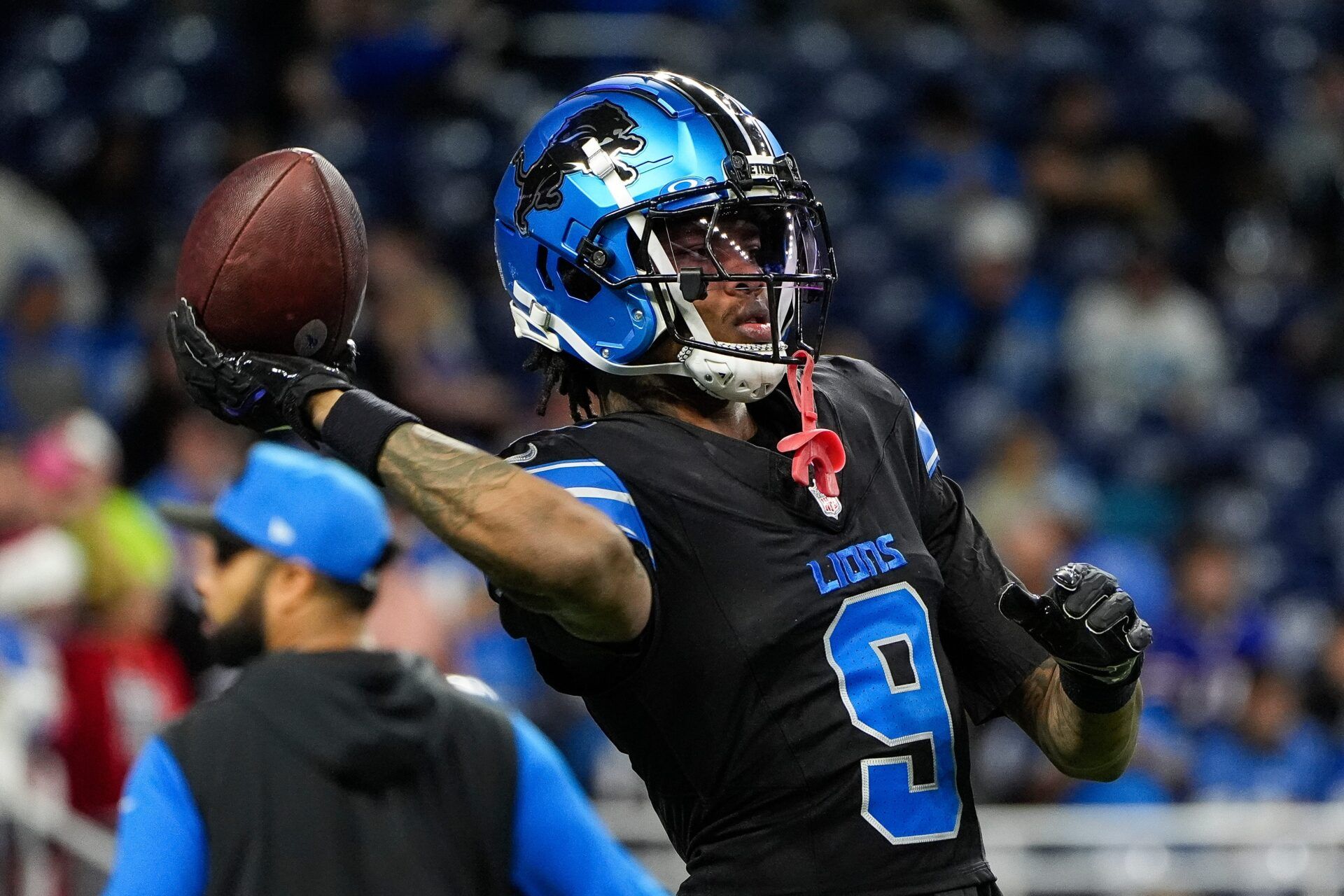 Detroit Lions wide receiver Jameson Williams (9) warm up before the game between Detroit Lions and Buffalo Bills at Ford Field in Detroit on Sunday, Dec. 15, 2024.