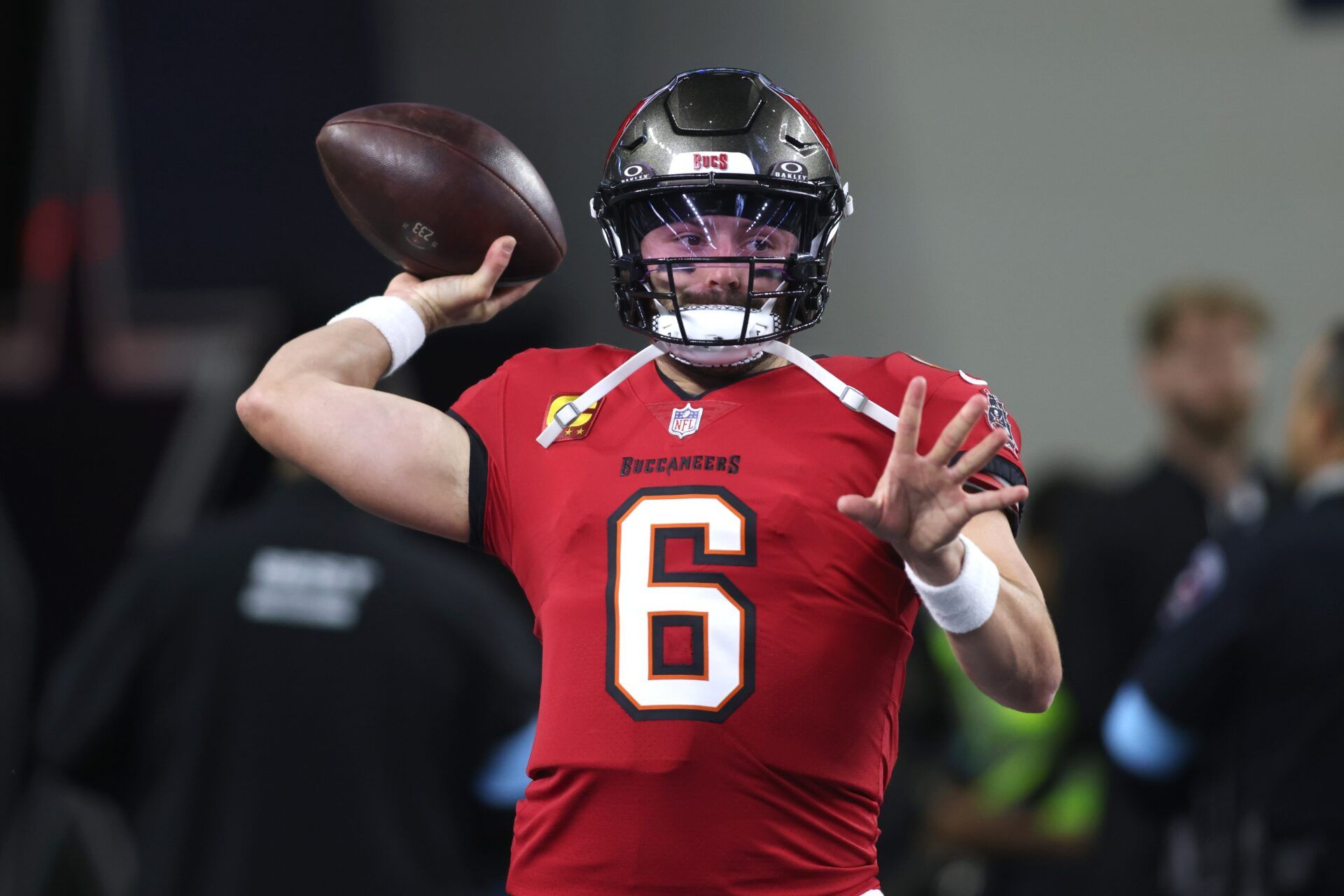 Tampa Bay Buccaneers quarterback Baker Mayfield (6) throws a pass before the game against the Dallas Cowboys at AT&T Stadium.