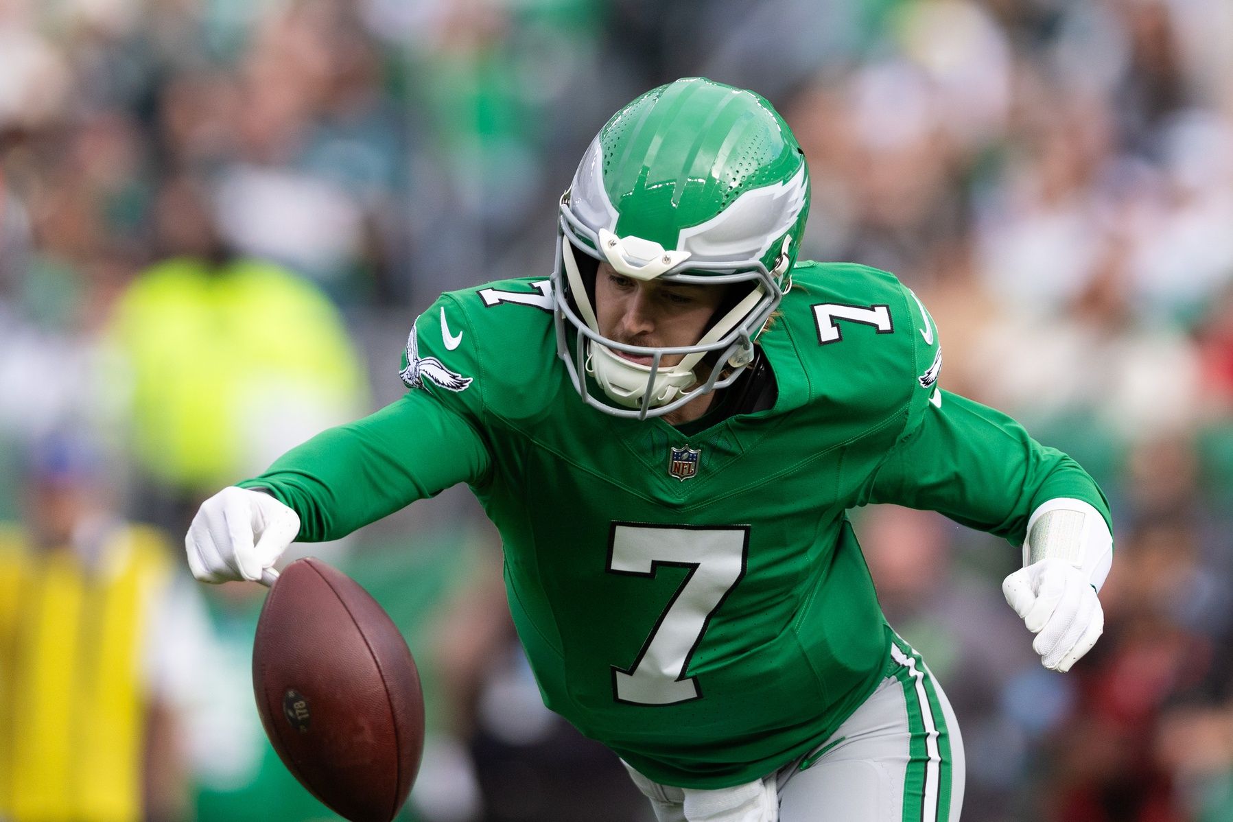 Philadelphia Eagles quarterback Kenny Pickett (7) fumbles the ball during the second quarter against the Dallas Cowboys at Lincoln Financial Field.