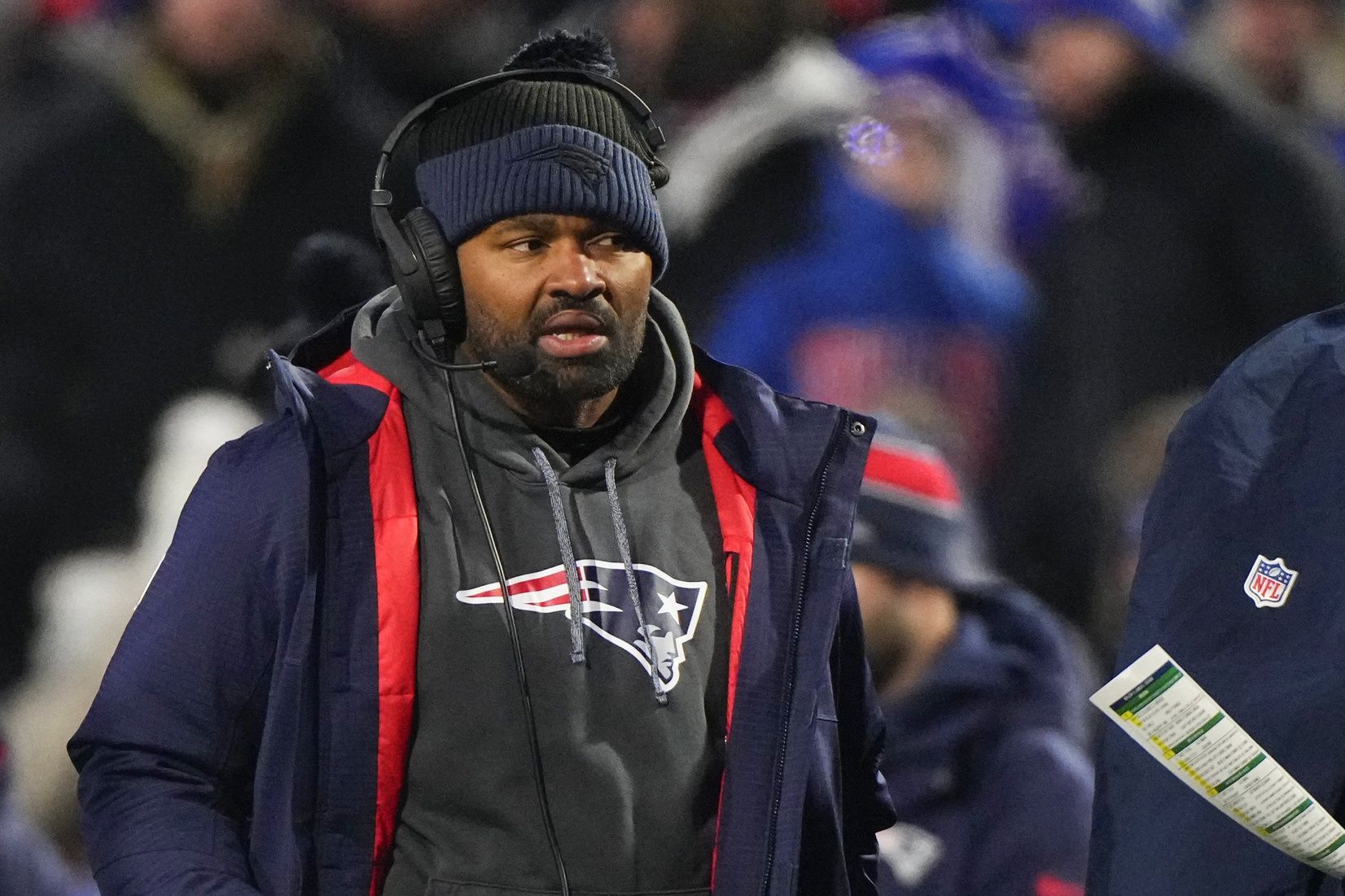 New England Patriots heac coach Jerod Mayo looks on from the sideline during the first half against the Buffalo Bills at Highmark Stadium.